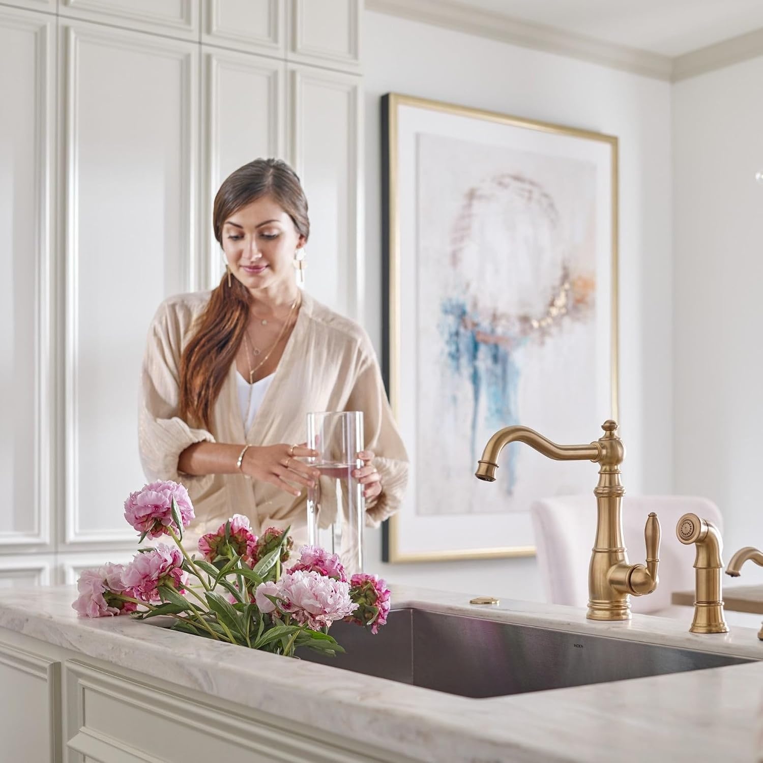 image:imageMoen S3945SRS Traditional Deck Mounted Kitchen Soap Dispenser with Above the Sink Refillable Bottle Spot Resist StainlessBrushed Gold