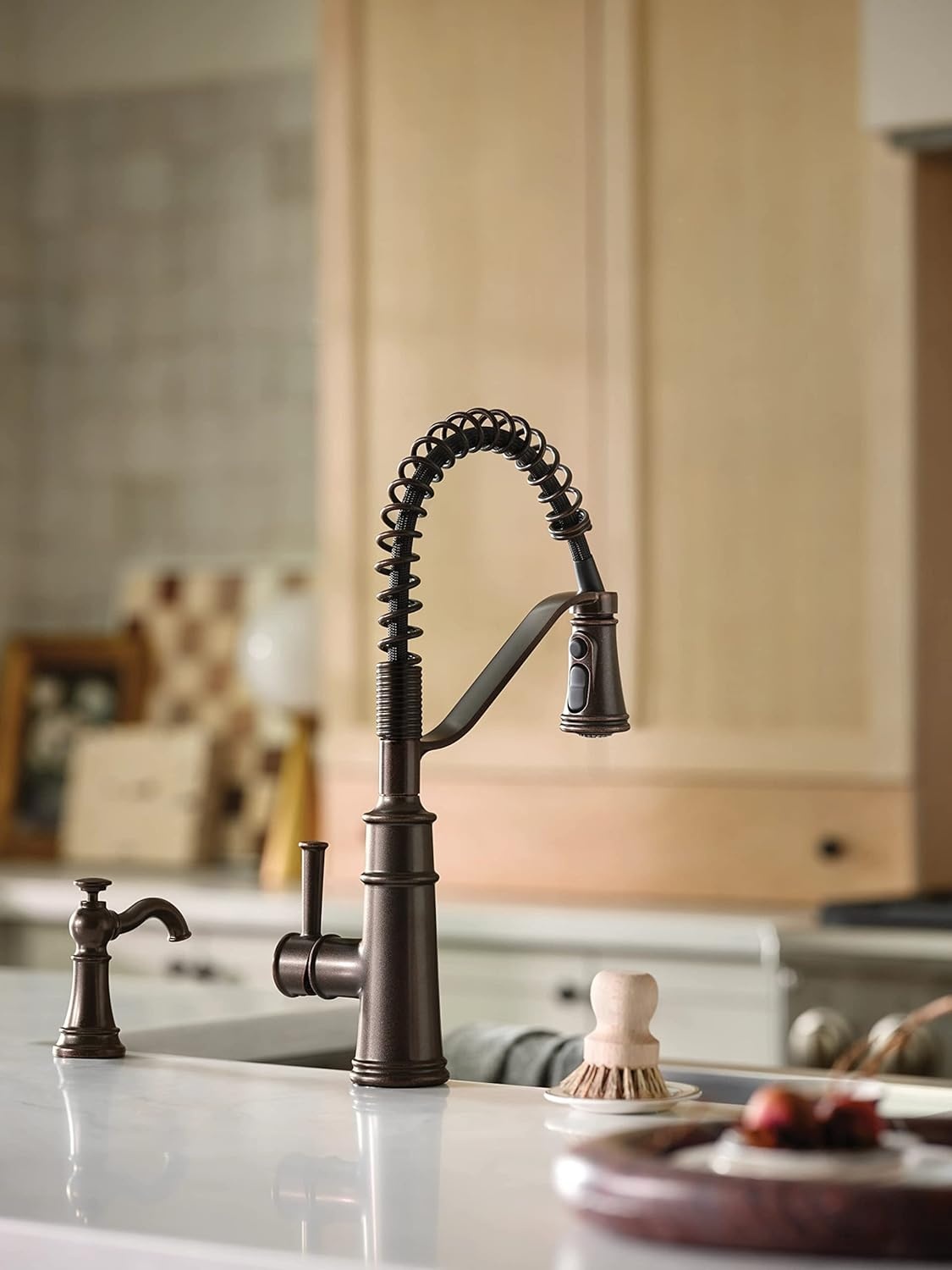 image:imageMoen S3945SRS Traditional Deck Mounted Kitchen Soap Dispenser with Above the Sink Refillable Bottle Spot Resist StainlessOil Rubbed Bronze