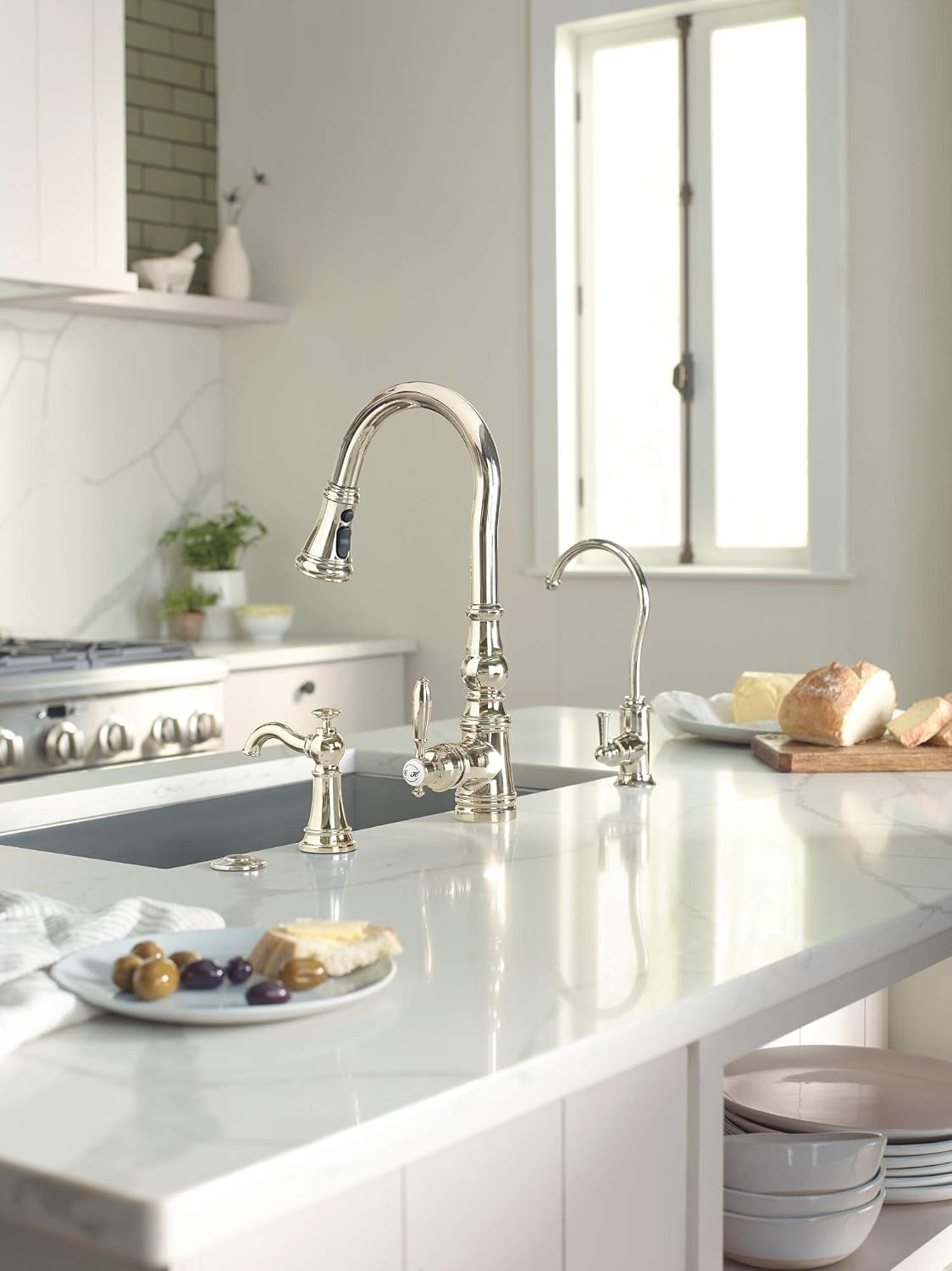 image:imageMoen S3945SRS Traditional Deck Mounted Kitchen Soap Dispenser with Above the Sink Refillable Bottle Spot Resist StainlessPolished Nickel