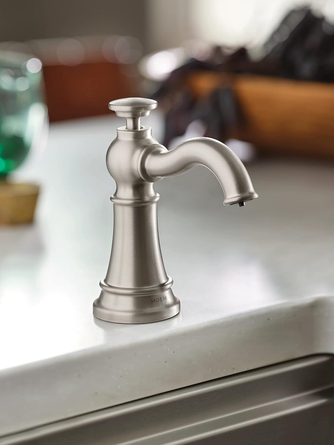 image:imageMoen S3945SRS Traditional Deck Mounted Kitchen Soap Dispenser with Above the Sink Refillable Bottle Spot Resist StainlessSpot Resist Stainless