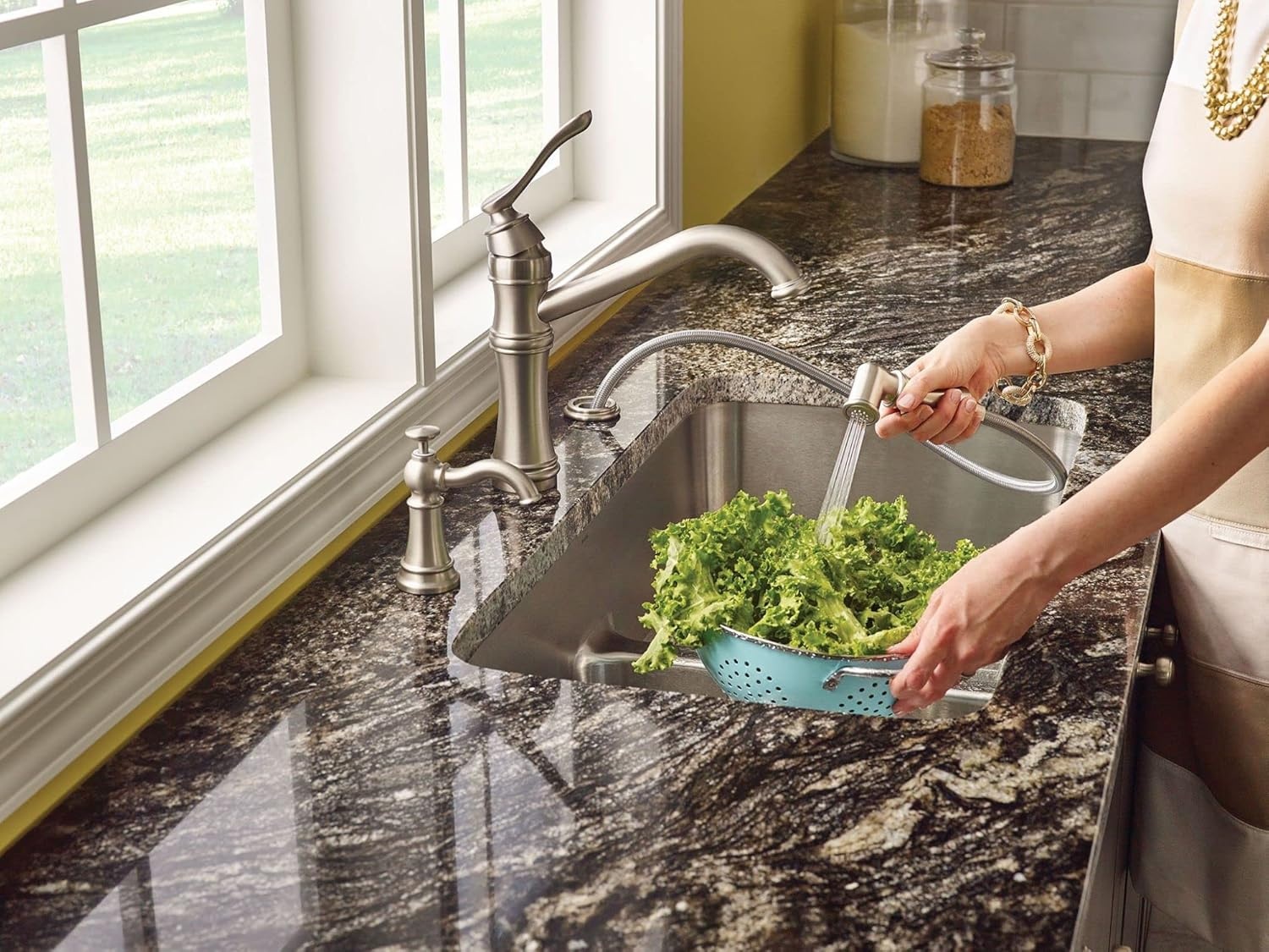 image:imageMoen S3945SRS Traditional Deck Mounted Kitchen Soap Dispenser with Above the Sink Refillable Bottle Spot Resist StainlessSpot Resist Stainless