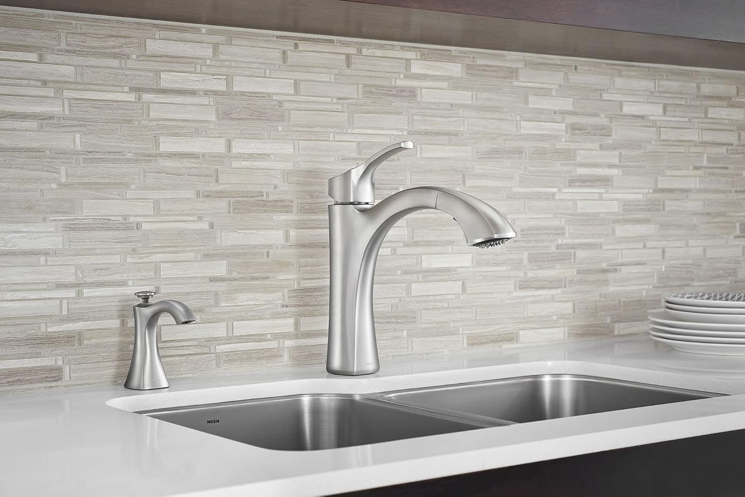 image:imageMoen S3948SRS Transitional Deck Mounted Kitchen Soap Dispenser with Above the Sink Refillable Bottle Spot Resist StainlessChrome