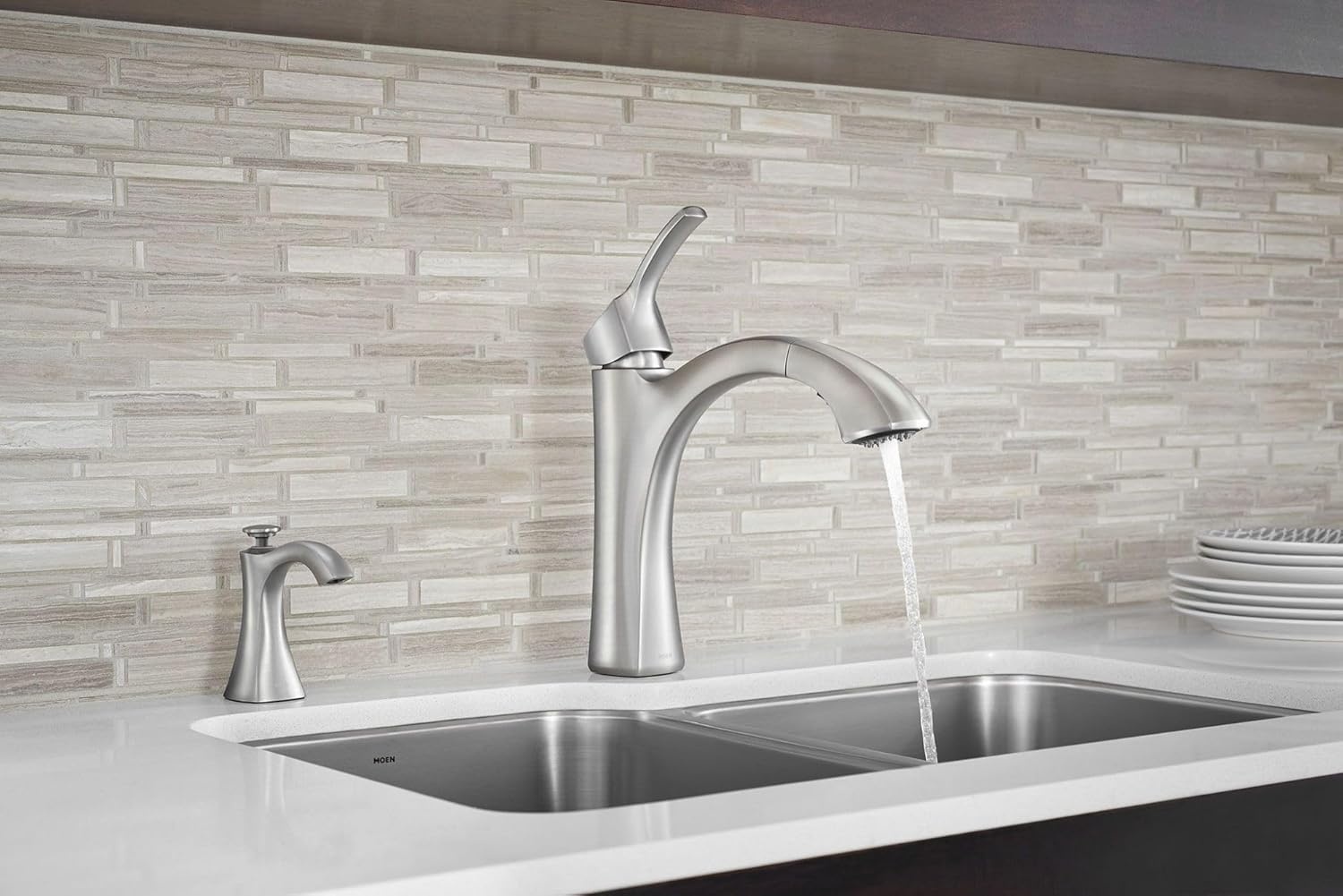 image:imageMoen S3948SRS Transitional Deck Mounted Kitchen Soap Dispenser with Above the Sink Refillable Bottle Spot Resist StainlessSpot Resist Stainless