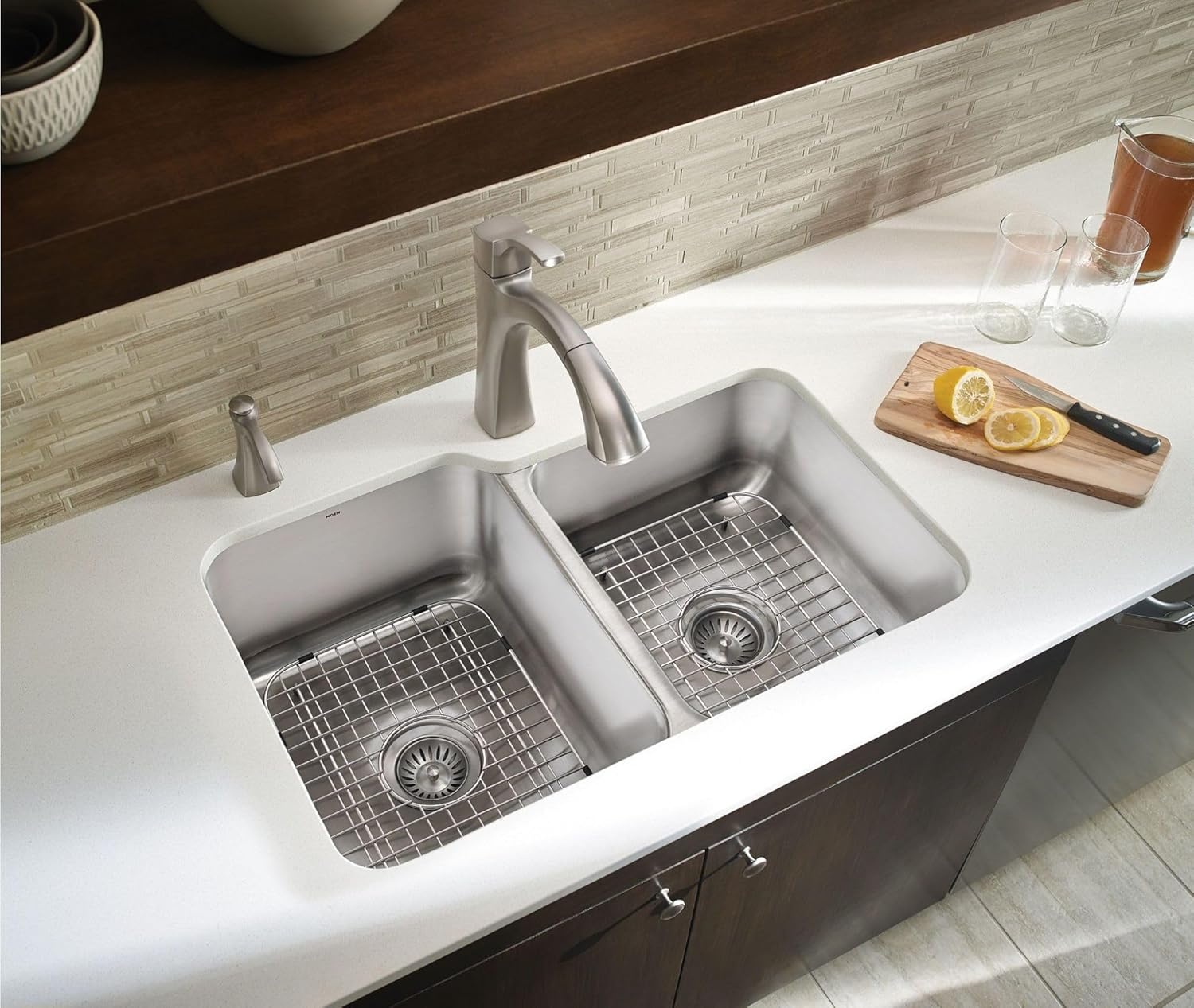 image:imageMoen S3948SRS Transitional Deck Mounted Kitchen Soap Dispenser with Above the Sink Refillable Bottle Spot Resist StainlessSpot Resist Stainless