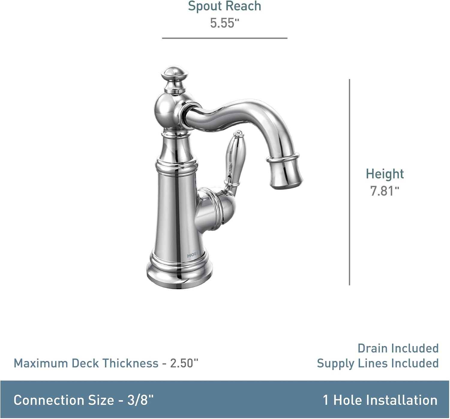 image:imageMoen S42107 Weymouth OneHandle Single Hole Traditional Bathroom Sink Faucet with Drain Assembly ChromeMatte Black