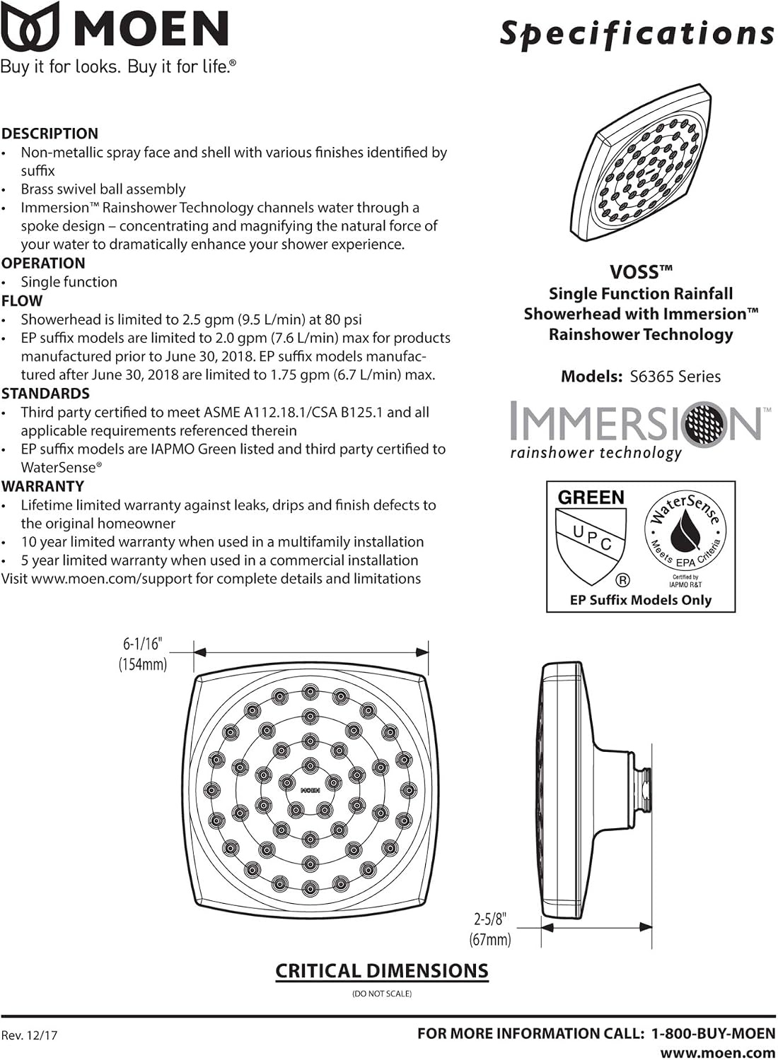 image:imageMoen S6365EPBN Voss 6 SingleFunction EcoPerformance Rainshower Showerhead with Immersion Technology Brushed NickelChrome