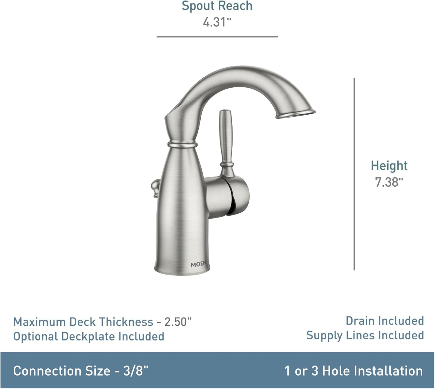 image:imageMoen Sarona Spot Resist Brushed Nickel OneHandle Single Hole Rustic Farmhouse Bathroom Sink Faucet with Optional Deckplate 84144SRNSpot Resist Brushed Nickel