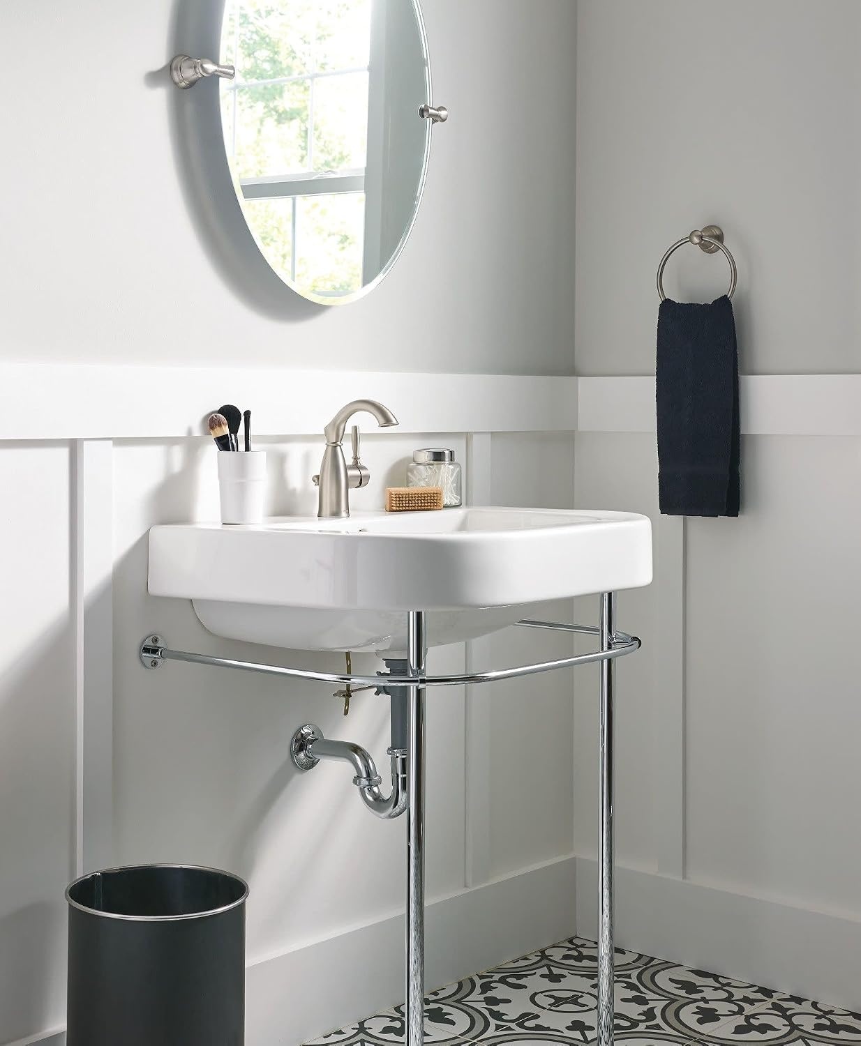 image:imageMoen Sarona Spot Resist Brushed Nickel OneHandle Single Hole Rustic Farmhouse Bathroom Sink Faucet with Optional Deckplate 84144SRNSpot Resist Brushed Nickel