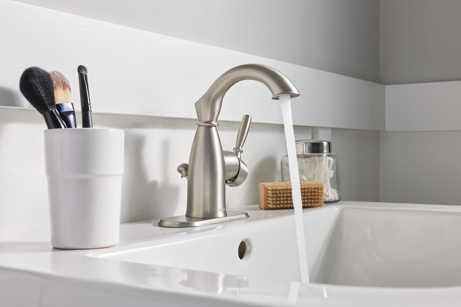 image:imageMoen Sarona Spot Resist Brushed Nickel OneHandle Single Hole Rustic Farmhouse Bathroom Sink Faucet with Optional Deckplate 84144SRNSpot Resist Brushed Nickel