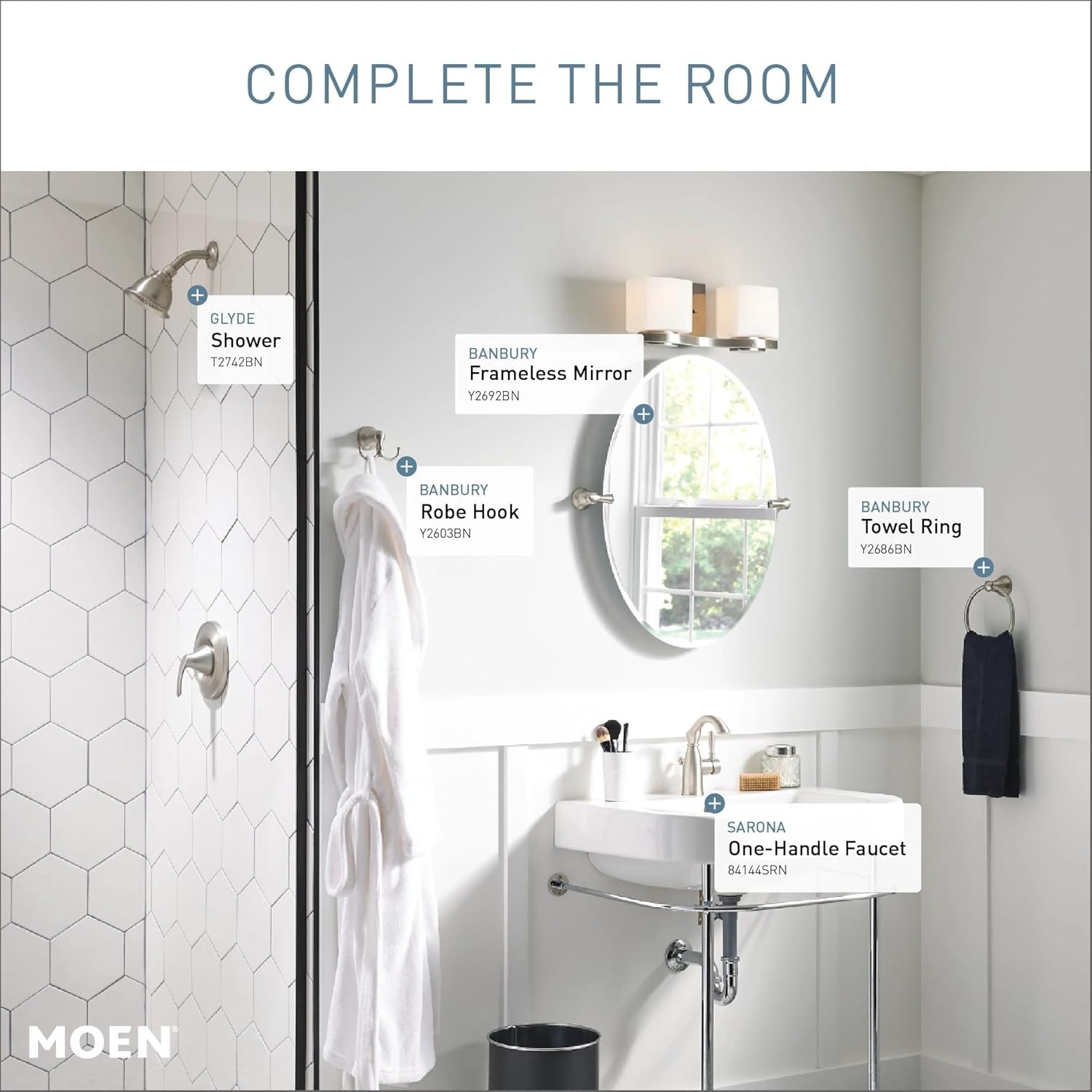 image:imageMoen Sarona Spot Resist Brushed Nickel OneHandle Single Hole Rustic Farmhouse Bathroom Sink Faucet with Optional Deckplate 84144SRNSpot Resist Brushed Nickel