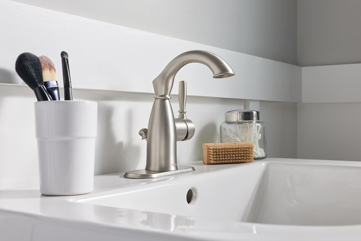 image:imageMoen Sarona Spot Resist Brushed Nickel OneHandle Single Hole Rustic Farmhouse Bathroom Sink Faucet with Optional Deckplate 84144SRNSpot Resist Brushed Nickel