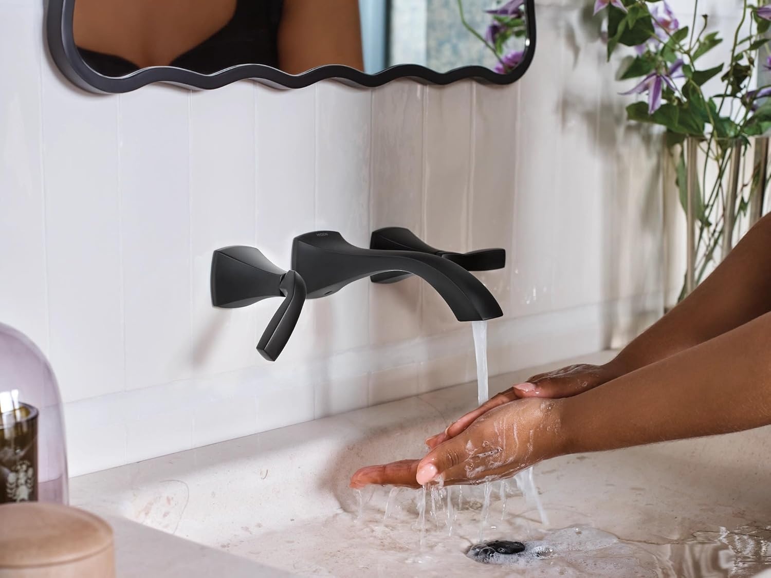 image:imageMoen T6906BL Voss Matte Black TwoHandle Wall Mount Bathroom Faucet Trim Kit Valve Required