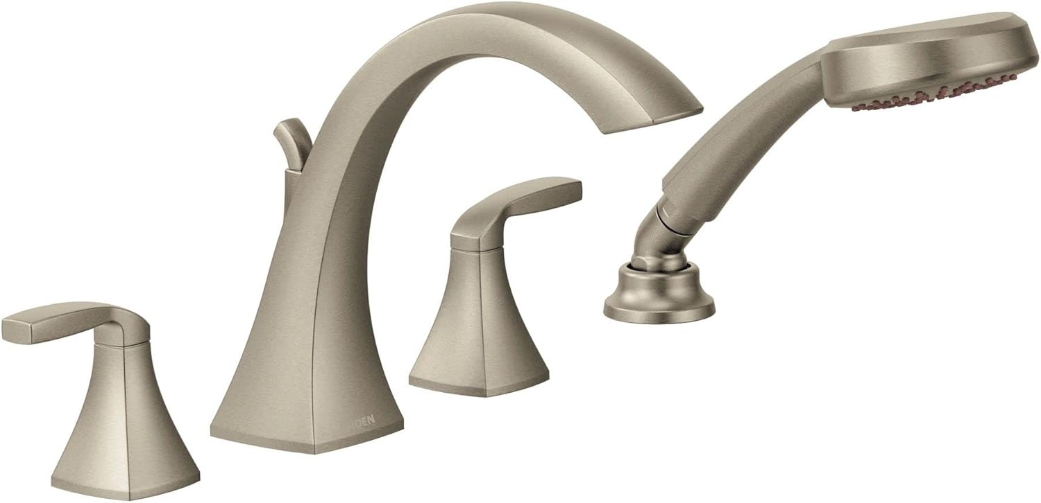 image:imageMoen T694BG Voss 2Handle Deck Mount Roman Tub Faucet Trim Kit Valve Required Including Single Function Handshower Brushed GoldNickel