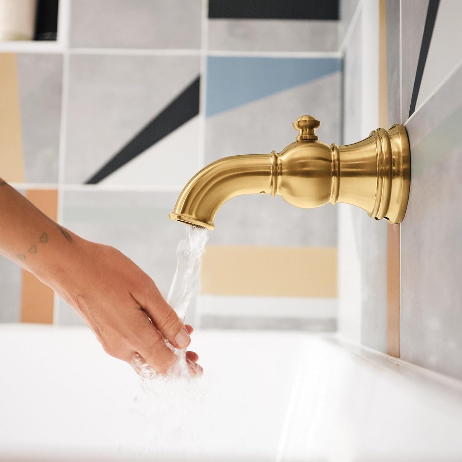 image:imageMoen TS32104BL Weymouth PosiTemp Tub and Shower Trim Kit Valve Required including 9Inch 2Spray Rainshower Matte BlackBrushed Gold