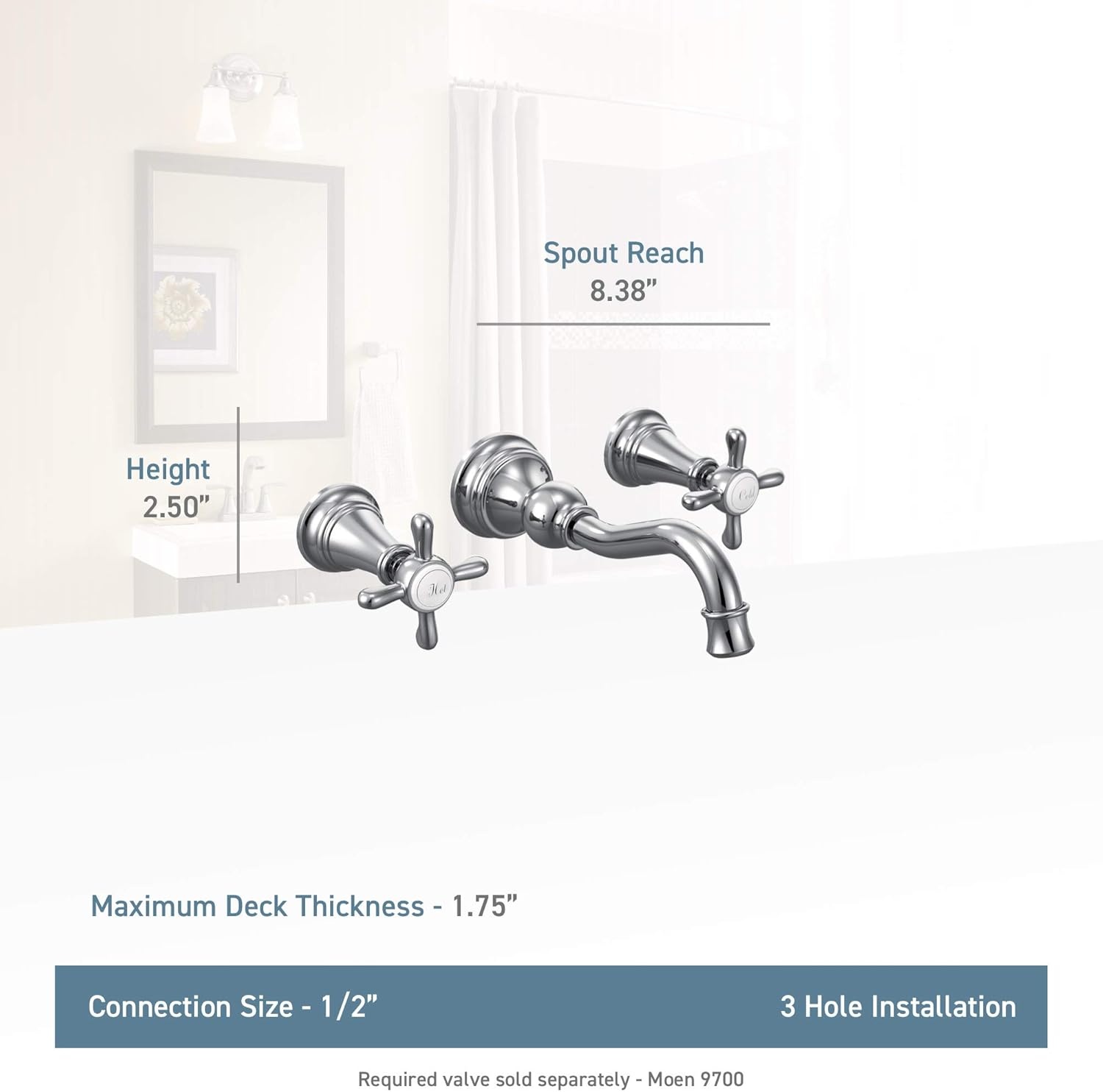 image:imageMoen TS42112BL Weymouth Cross Handle Wall Mount Bathroom Faucet Trim Valve Required Matte BlackBrushed Gold
