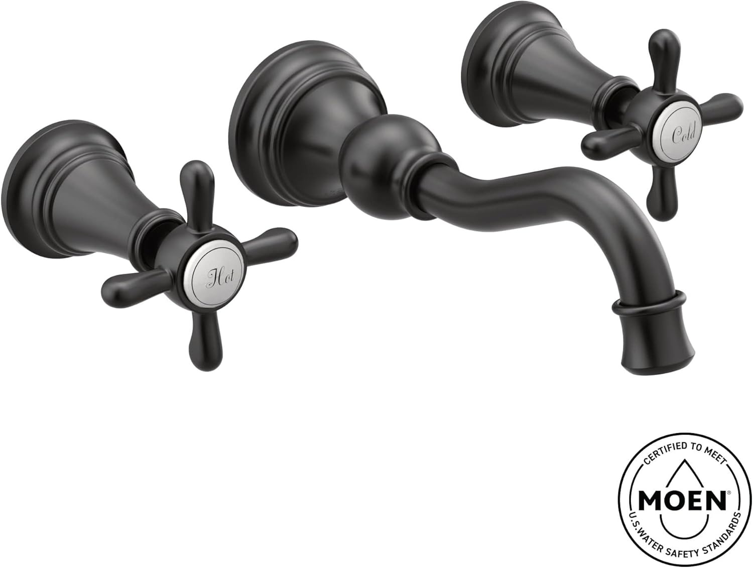 image:imageMoen TS42112BL Weymouth Cross Handle Wall Mount Bathroom Faucet Trim Valve Required Matte BlackBrushed Gold