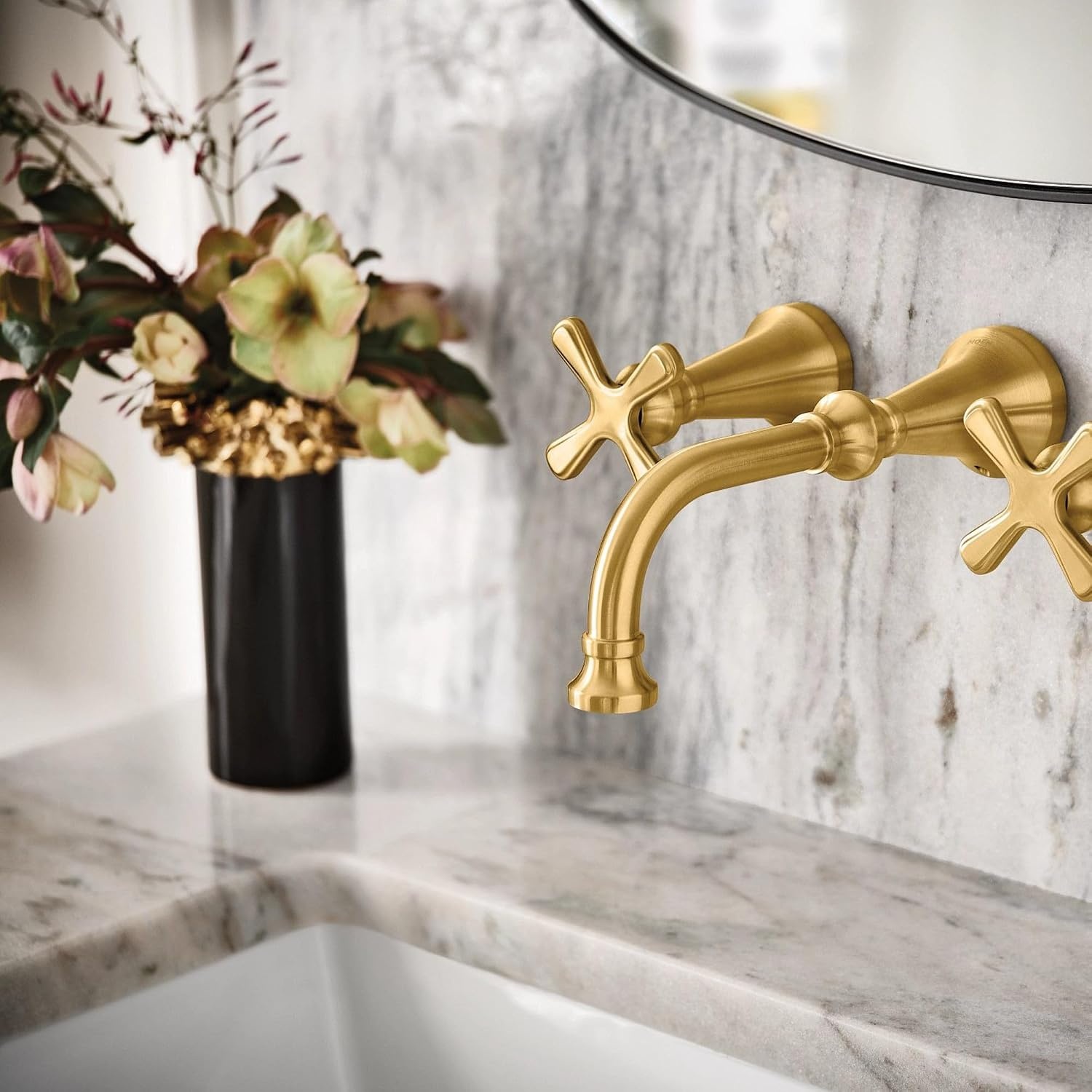 image:imageMoen TS44102 Colinet Traditional TwoHandle Widespread HighArc Bathroom Faucet with Lever Handles Valve Required ChromeBrushed Gold