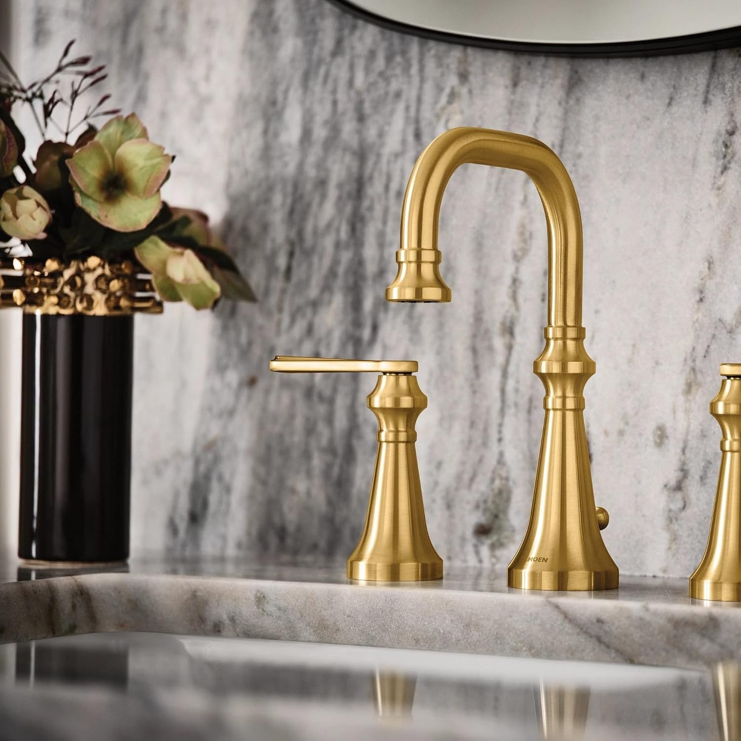 image:imageMoen TS44102 Colinet Traditional TwoHandle Widespread HighArc Bathroom Faucet with Lever Handles Valve Required ChromeBrushed Gold