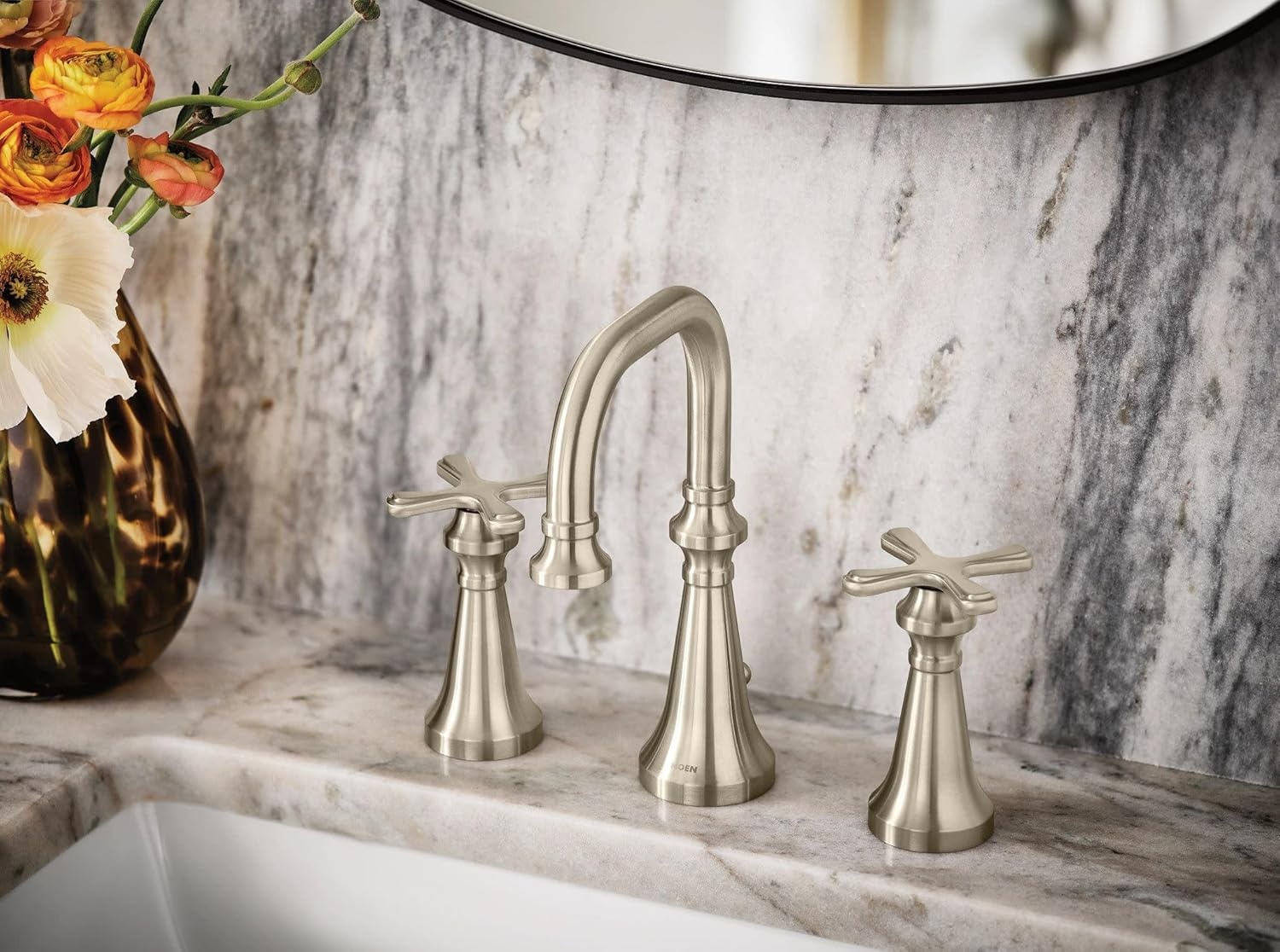 image:imageMoen TS44103 Colinet Traditional TwoHandle Widespread HighArc Bathroom Faucet with Cross Handles Valve Required ChromeBrushed Nickel
