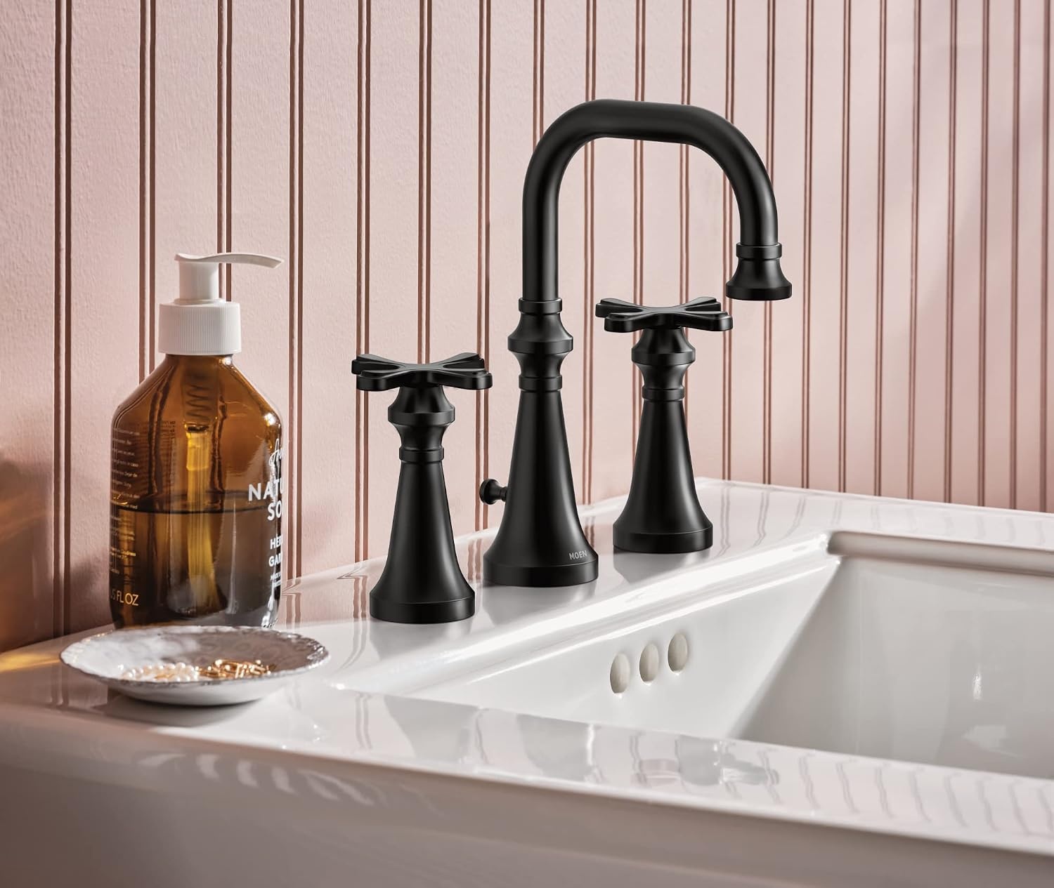 image:imageMoen TS44103 Colinet Traditional TwoHandle Widespread HighArc Bathroom Faucet with Cross Handles Valve Required ChromeMatte Black