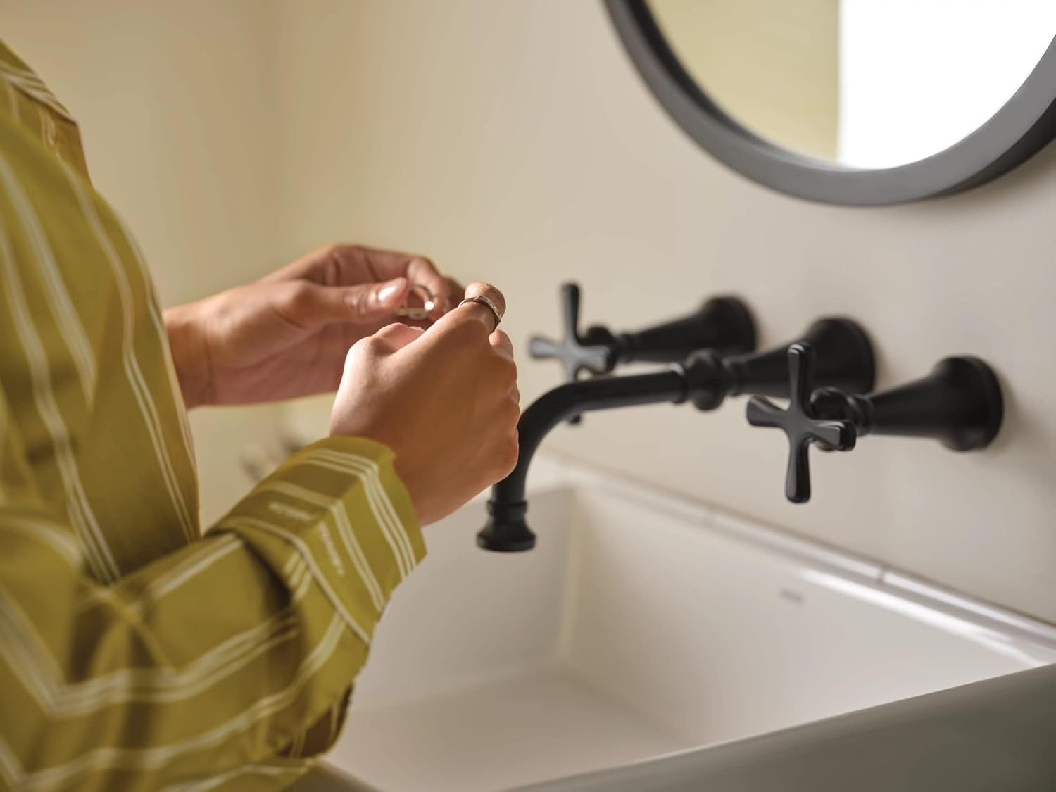 image:imageMoen TS44105BL Colinet Traditional Cross Handle Wall Mount Bathroom Faucet Trim Valve Required Matte BlackMatte Black