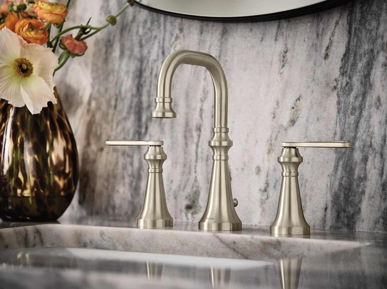 image:imageMoen TS44105BN Colinet Traditional Cross Handle Wall Mount Bathroom Faucet Trim Valve Required Brushed NickelBrushed Nickel