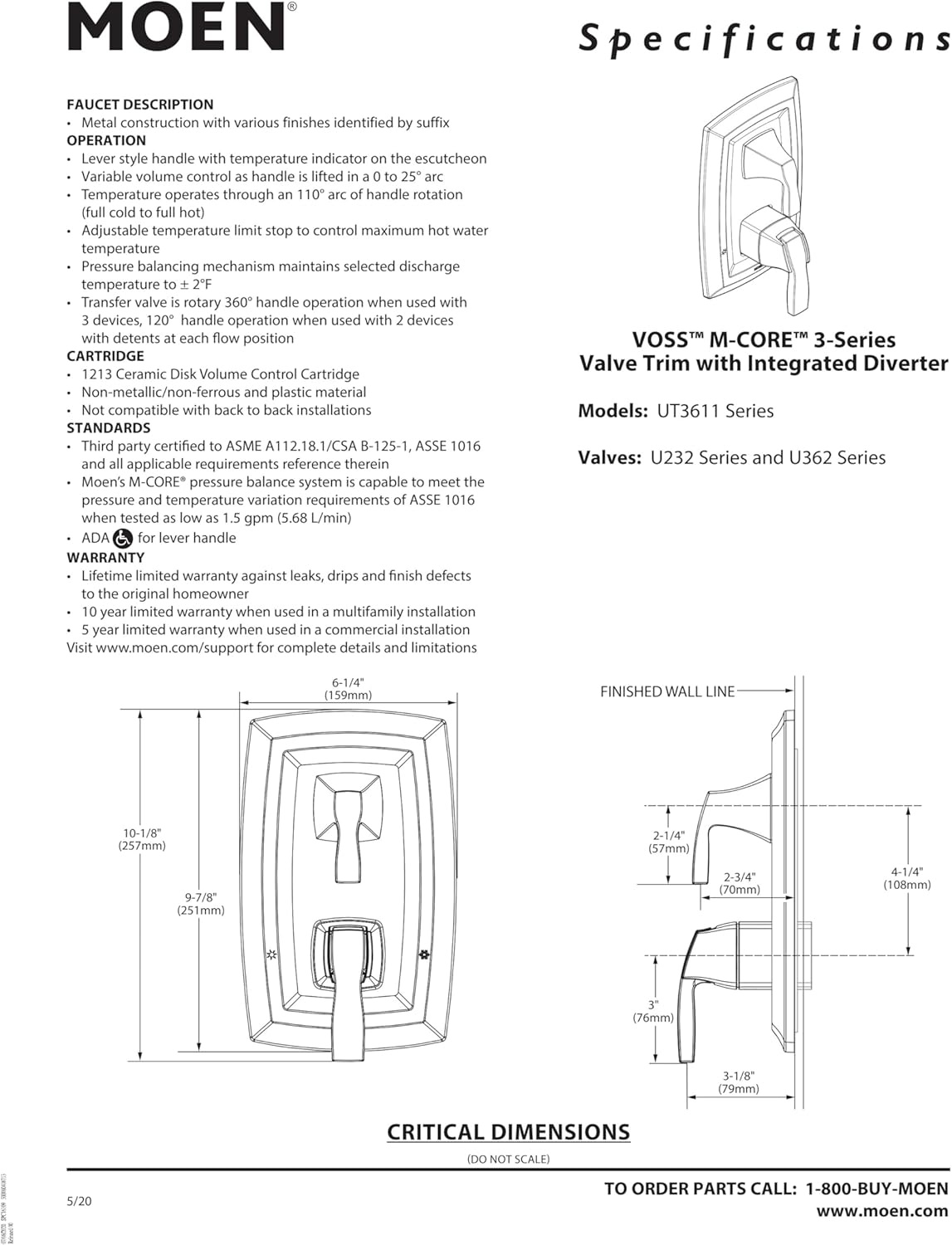 image:imageMoen UT3611 Voss MCORE 3Series 2Handle Shower Trim with Integrated Transfer Valve Valve Required ChromeBrushed Nickel