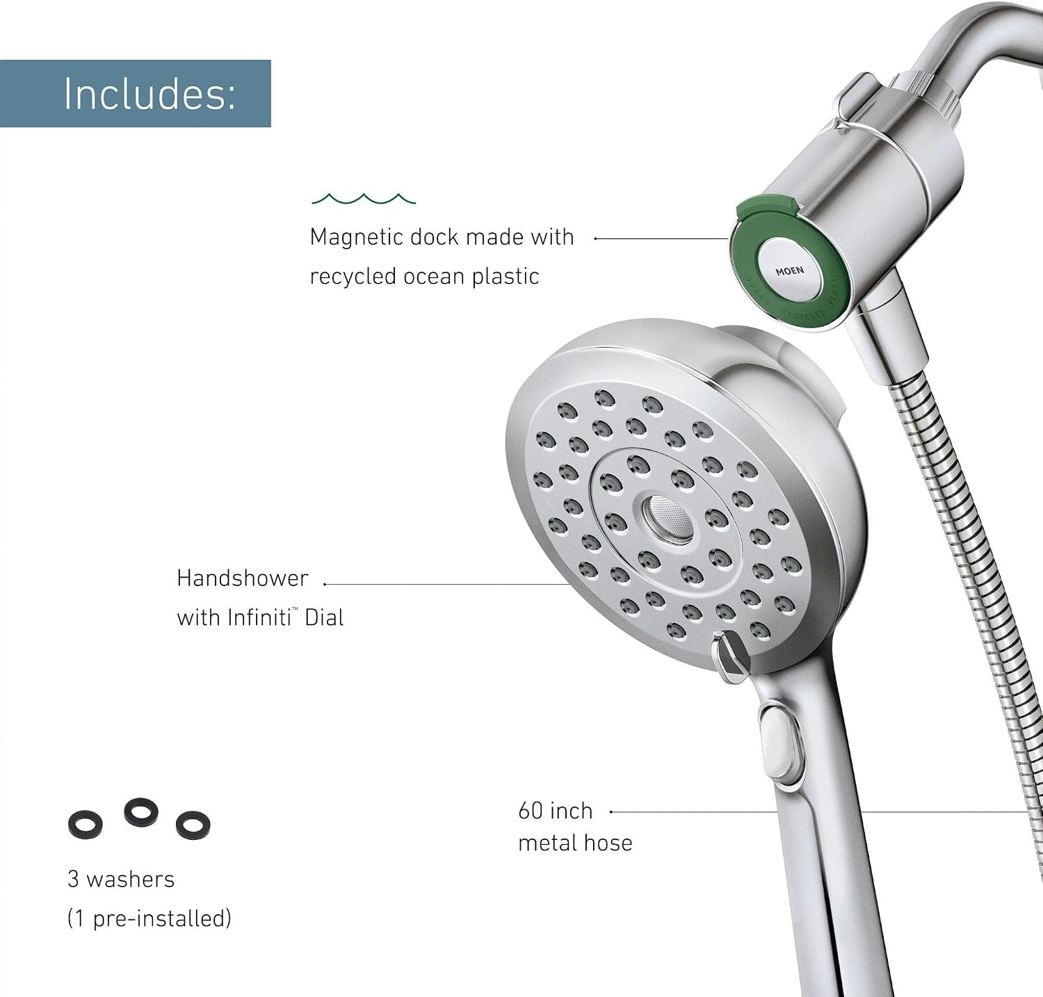 image:imageMoen Verso EcoPerformance Handshower Detachable Round Shower Head with Magnetix Docking System 60 Hose Spot Resist Brushed Nickel 220H2EPSRNChrome