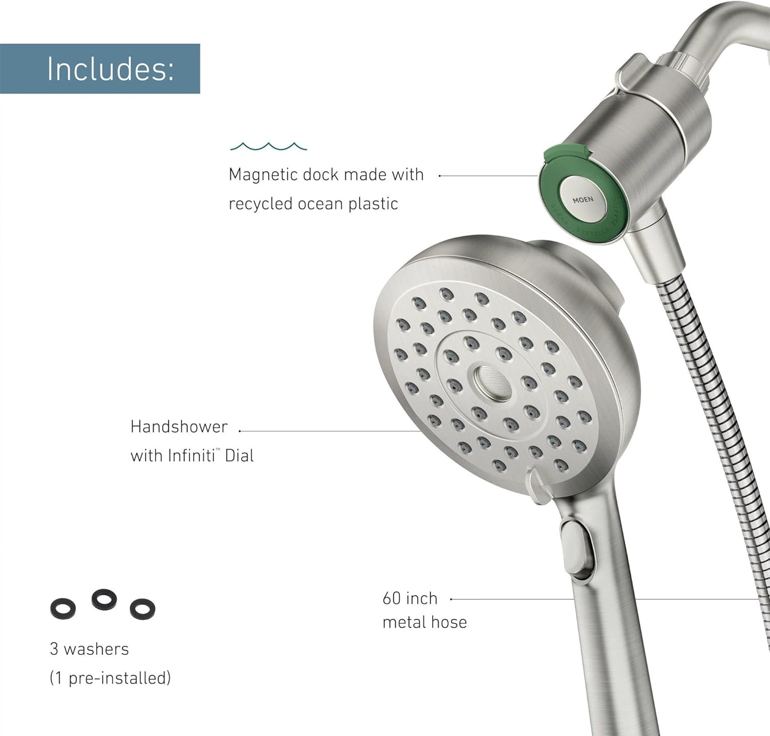 image:imageMoen Verso EcoPerformance Handshower Detachable Round Shower Head with Magnetix Docking System 60 Hose Spot Resist Brushed Nickel 220H2EPSRNSpot Resist Nickel