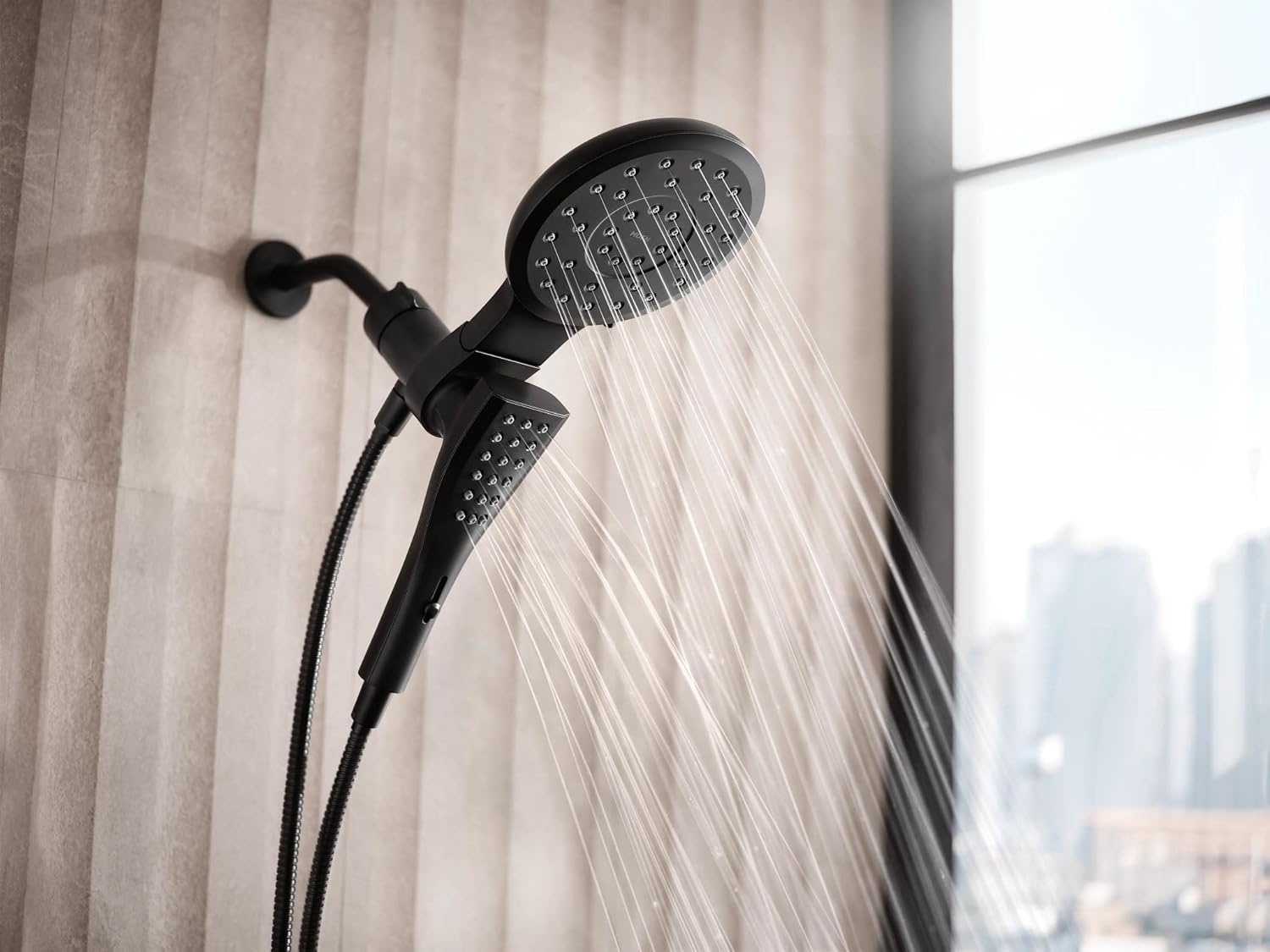 image:imageMoen Verso Matte Black EightFunction 7 Diameter Spray Head Standard with Handshower and 72inch Hose with Eco Performance 220C3EPBLMatte Black