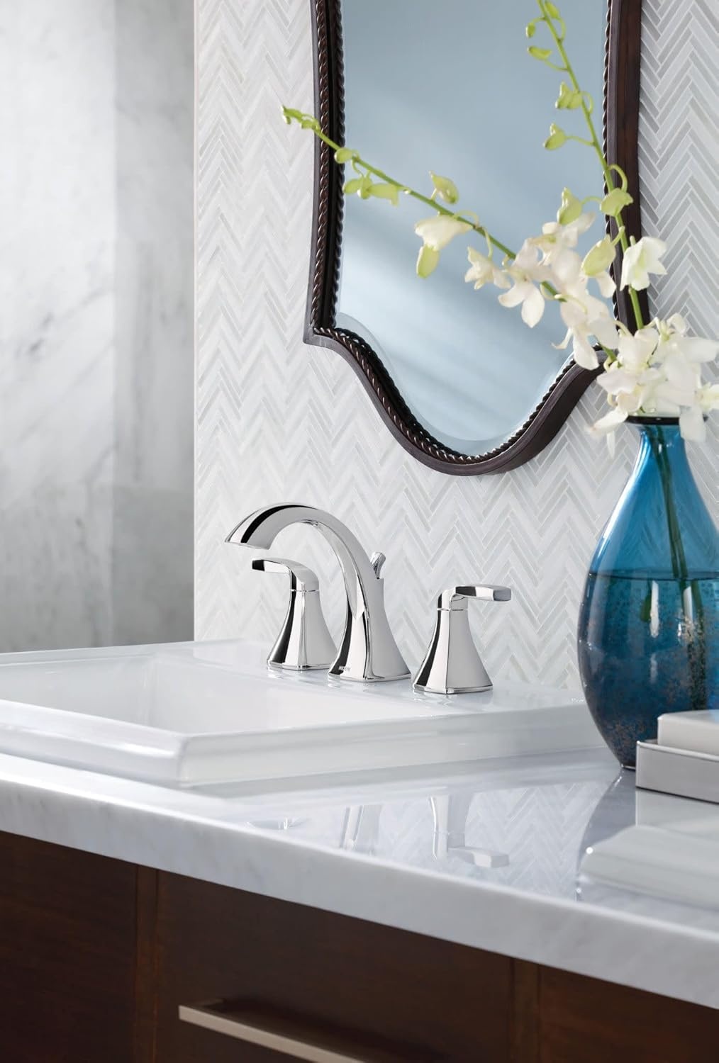 image:imageMoen Voss Brushed Nickel Contemporary TwoHandle Widespread Bathroom Sink Faucet Trim Kit for Adjustable 3Hole Installations Valve Required T6905BNChrome