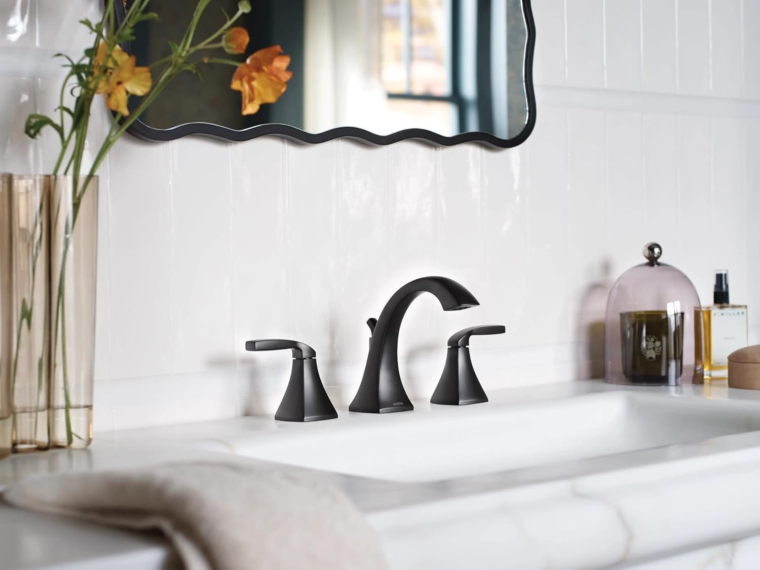 image:imageMoen Voss Brushed Nickel Contemporary TwoHandle Widespread Bathroom Sink Faucet Trim Kit for Adjustable 3Hole Installations Valve Required T6905BNMatte Black