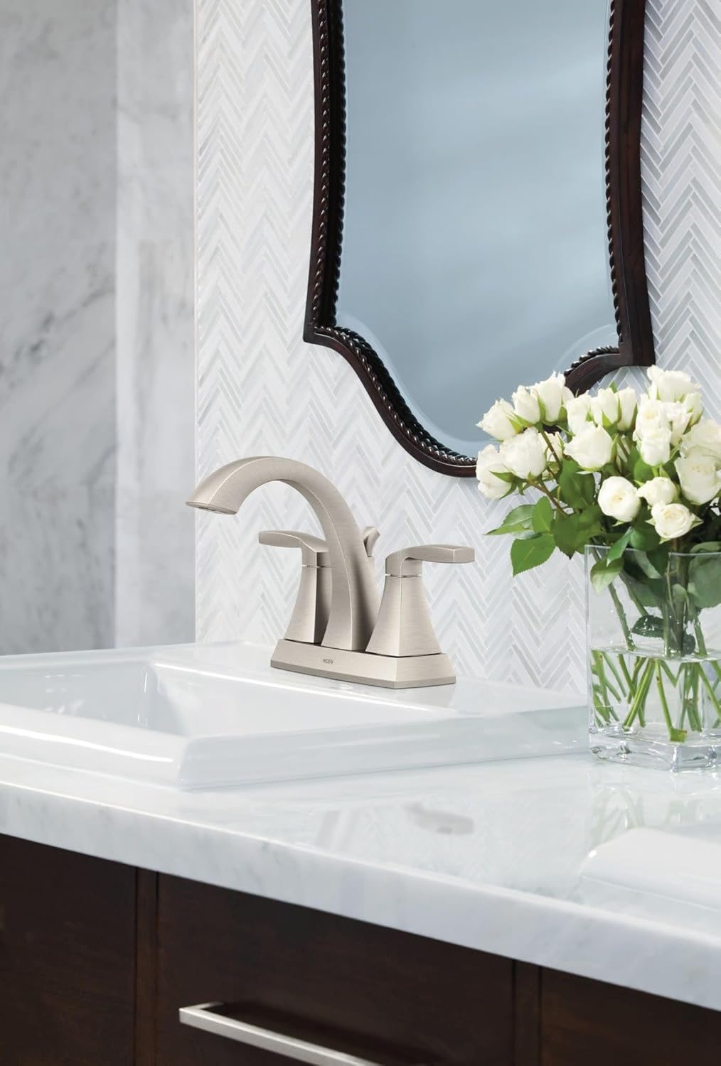 image:imageMoen Voss Chrome TwoHandle High Arc Centerset Bathroom Faucet 6901Brushed Nickel