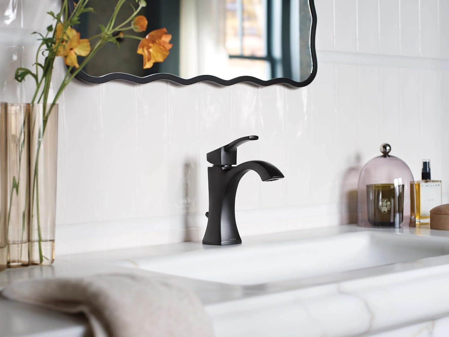 image:imageMoen Voss Matte Black OneHandle Single Hole Bathroom Sink Faucet with Optional Deckplate 6903BL