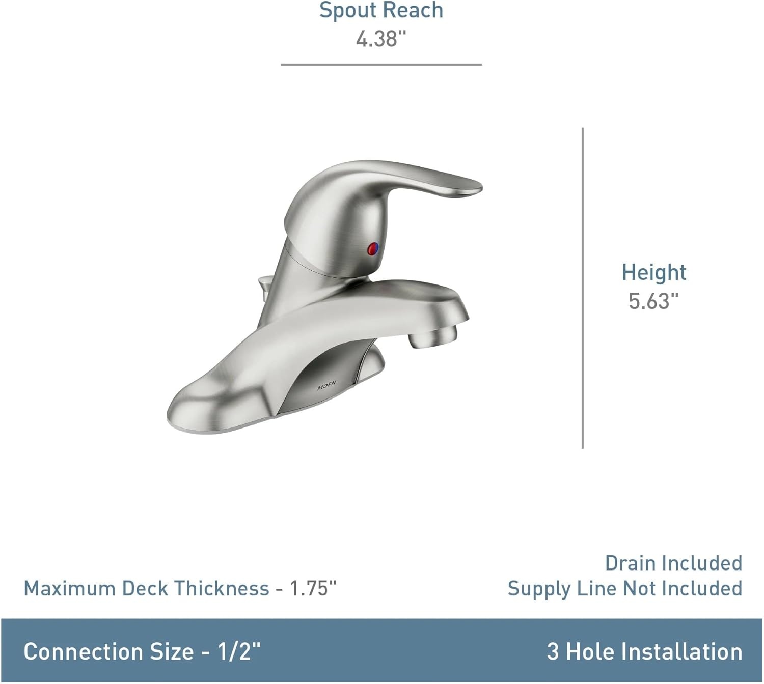 image:imageMoen WS84503 OneHandle Low Arc Bathroom Faucet ChromeSpot Resist Brushed Nickel
