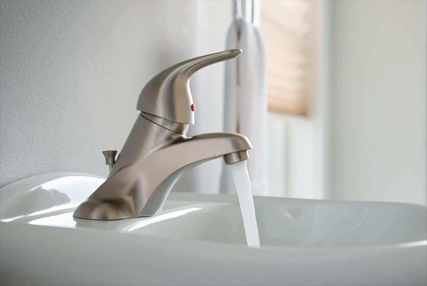 image:imageMoen WS84503 OneHandle Low Arc Bathroom Faucet ChromeSpot Resist Brushed Nickel