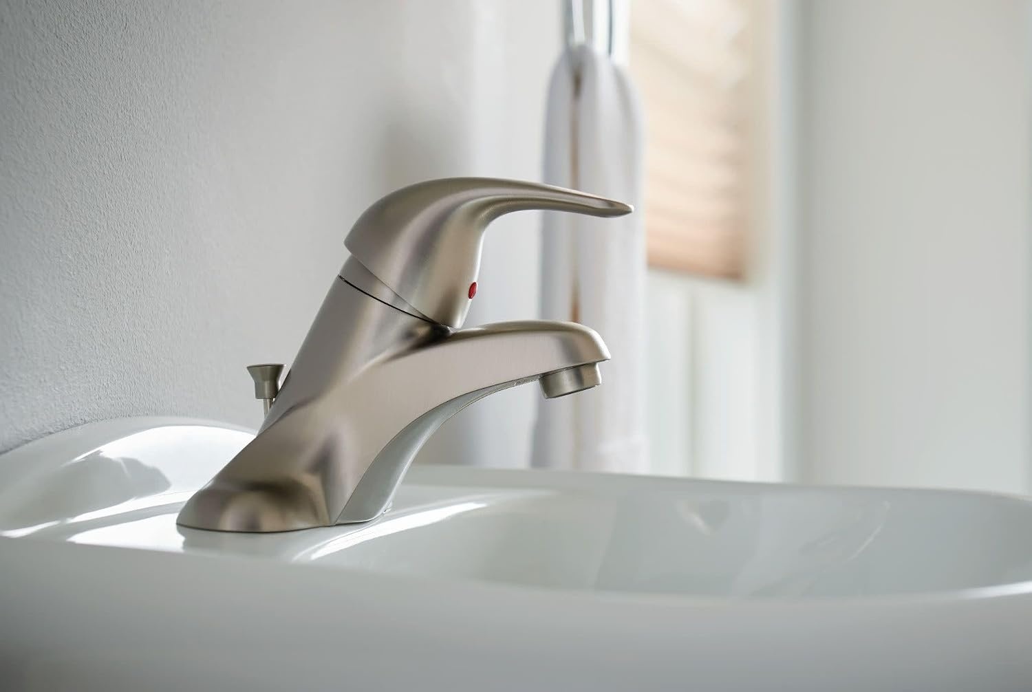 image:imageMoen WS84503 OneHandle Low Arc Bathroom Faucet ChromeSpot Resist Brushed Nickel