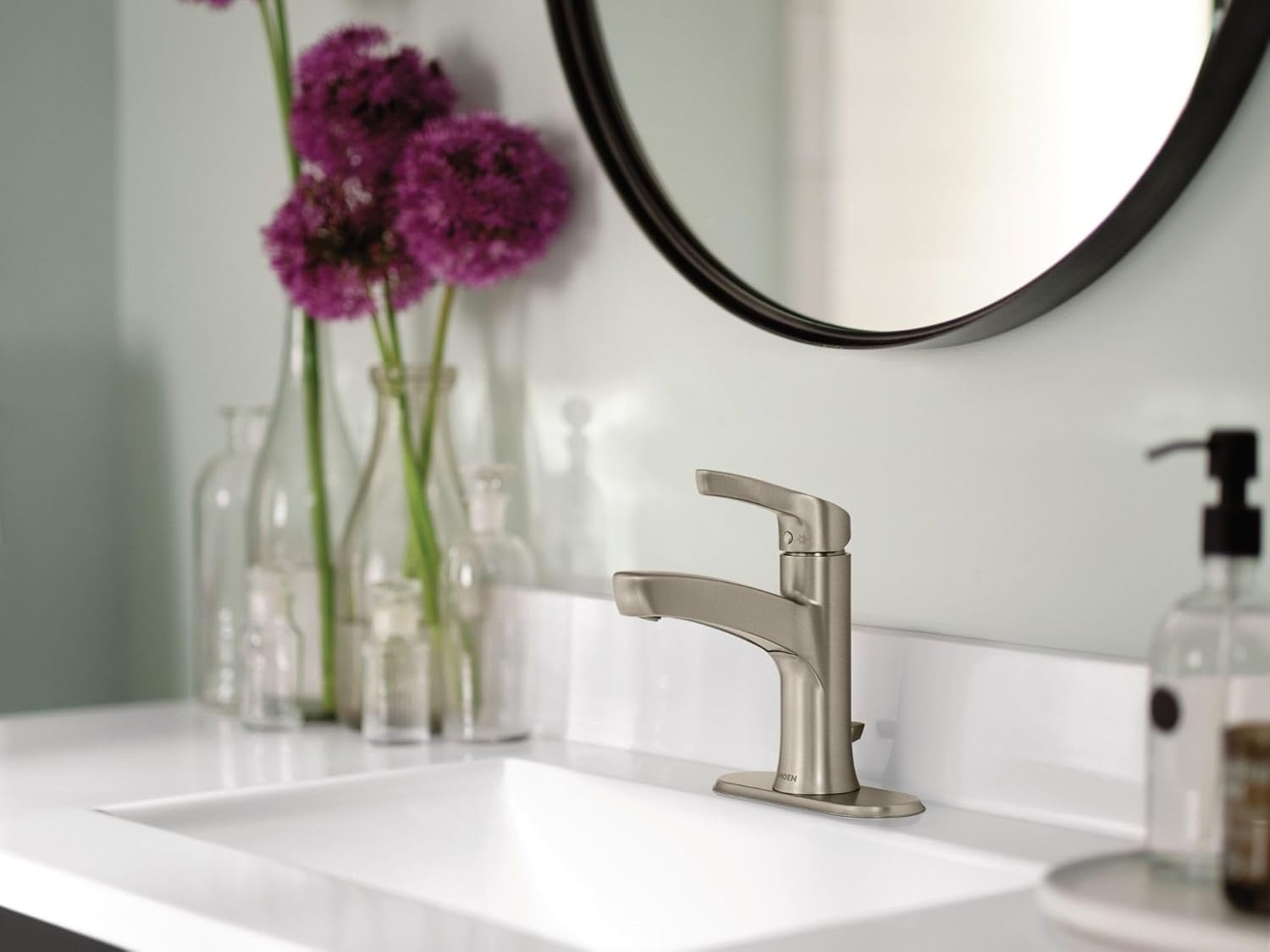 image:imageMoen WSL84733SRN Danika Single Handle 1 Hole Bathroom Faucet Spot Resist Brushed Nickel