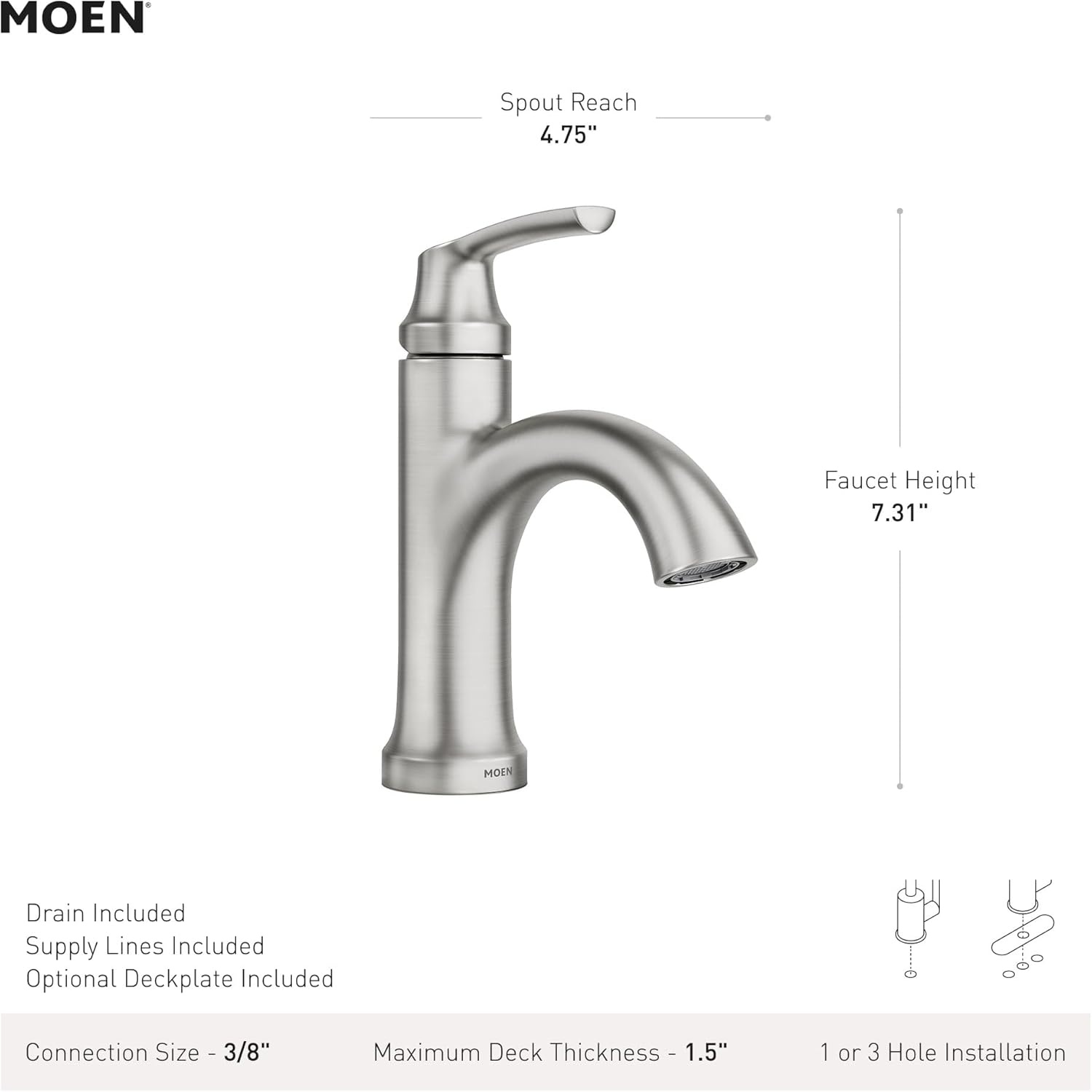 image:imageMoen Wellton Spot Resist Brushed Nickel One Hole SingleHandle Bathroom Faucet with Optional Deck Plate and Drain Assembly 84980SRN1
