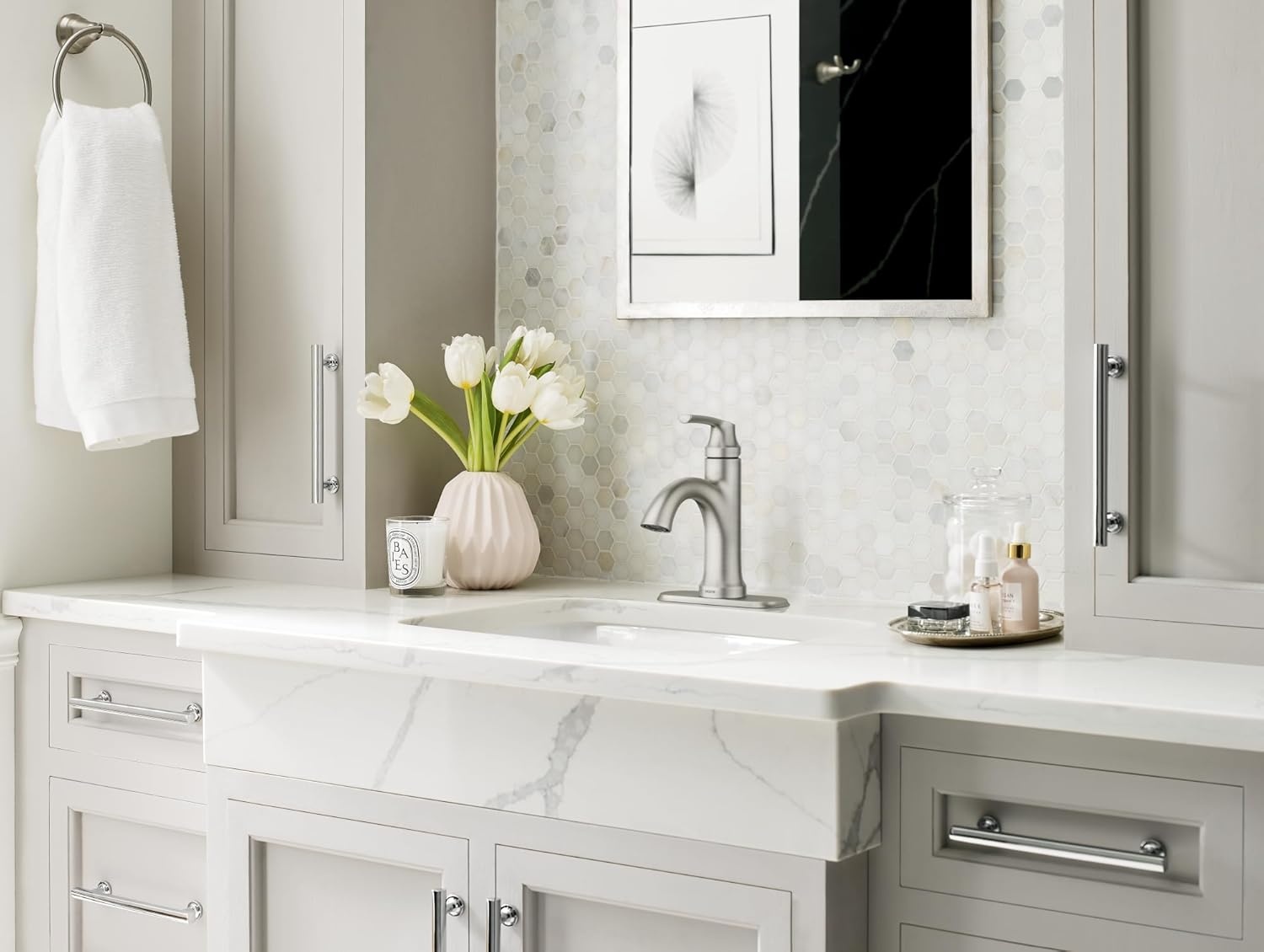 image:imageMoen Wellton Spot Resist Brushed Nickel One Hole SingleHandle Bathroom Faucet with Optional Deck Plate and Drain Assembly 84980SRN1