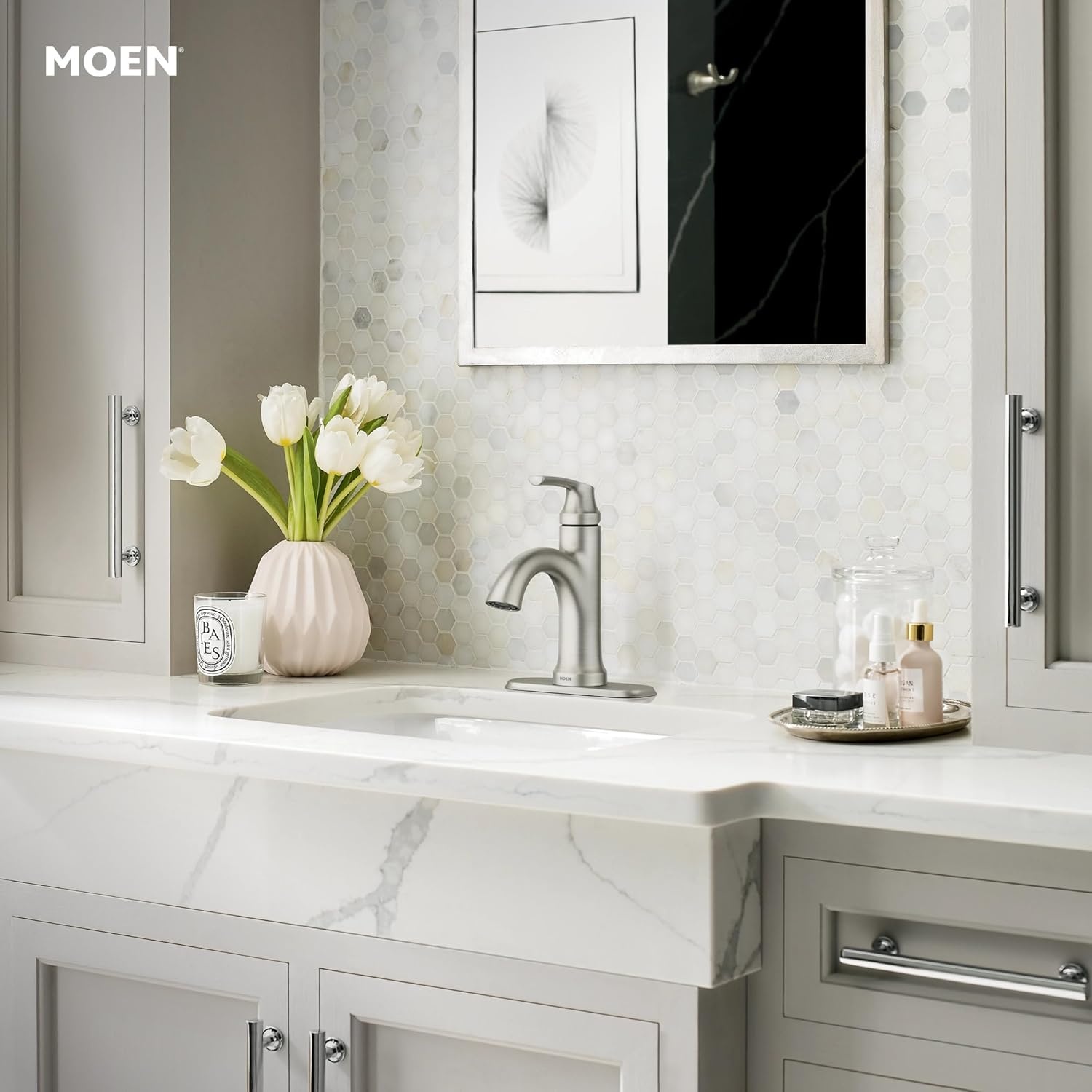 image:imageMoen Wellton Spot Resist Brushed Nickel One Hole SingleHandle Bathroom Faucet with Optional Deck Plate and Drain Assembly 84980SRN1