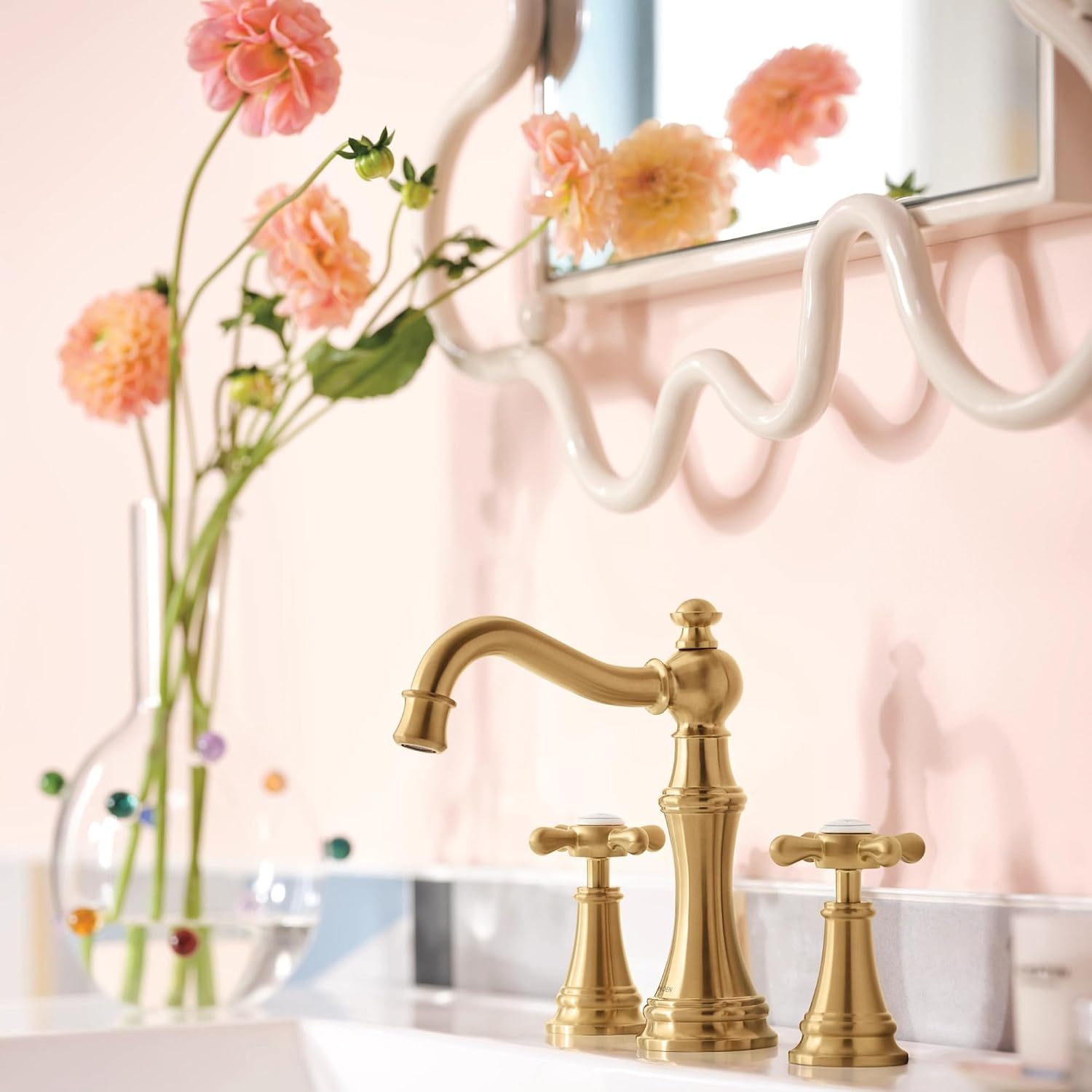 image:imageMoen Weymouth Brushed Gold TwoHandle Widespread Cross Handle Bathroom Faucet Trim Kit Valve Required TS42114BGBrushed Gold