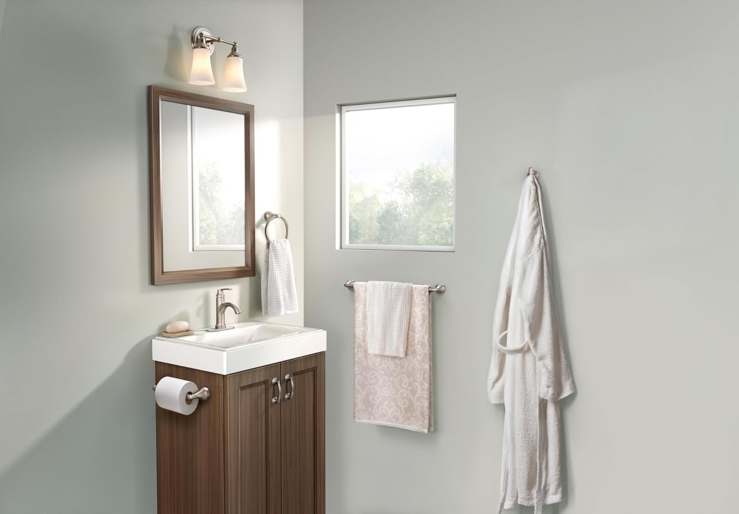 image:imageMoen Y1394BN Wellton 4Piece Bathroom Accessory Set Brushed Nickel Includes 18 Towel Bar Towel Ring Robe Hook and Pivoting Toilet Paper Holder