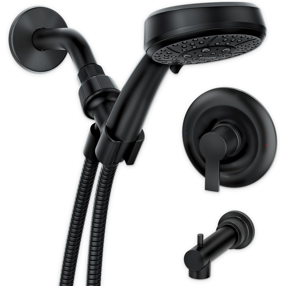 image:imageMoen Meena Matte Black Single Handle Modern Shower Faucet Set with Handshower and Tub Spout for Bathtub Valve Included 82618BLMatte Black