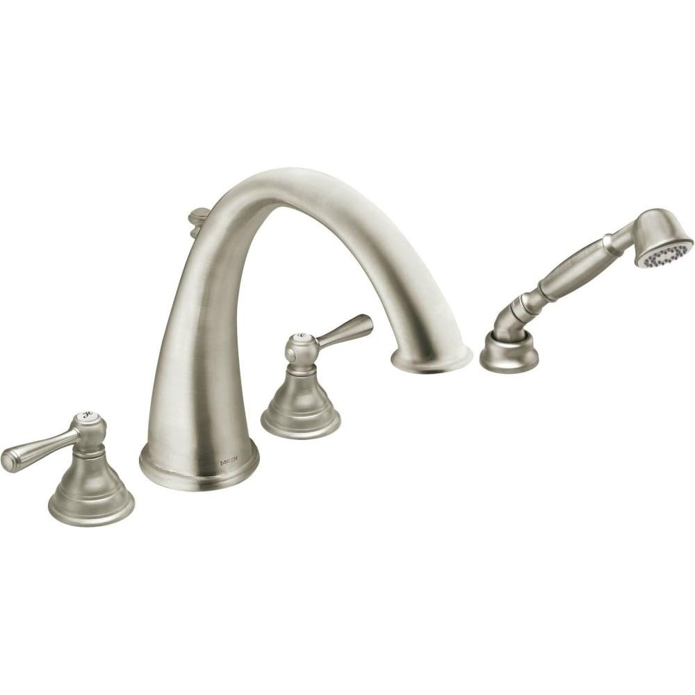 image:imageMoen T922 Kingsley TwoHandle High Arc Roman Tub Faucet and Hand Shower Valve Required ChromeBrushed Nickel