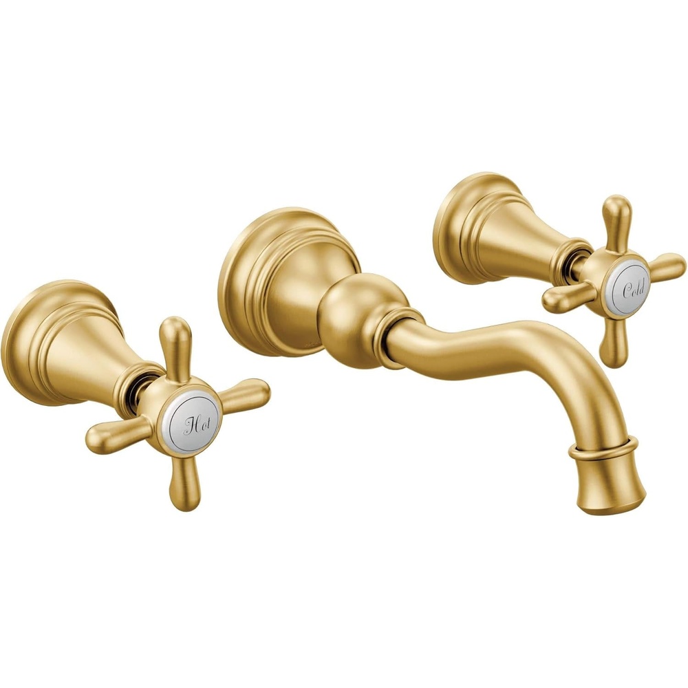image:imageMoen TS42112BL Weymouth Cross Handle Wall Mount Bathroom Faucet Trim Valve Required Matte BlackBrushed Gold