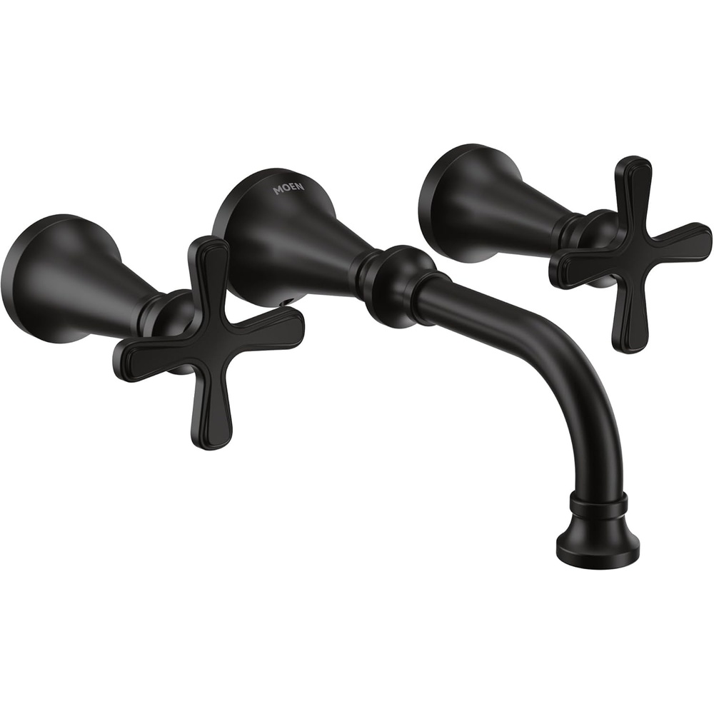 image:imageMoen TS44105BL Colinet Traditional Cross Handle Wall Mount Bathroom Faucet Trim Valve Required Matte BlackMatte Black