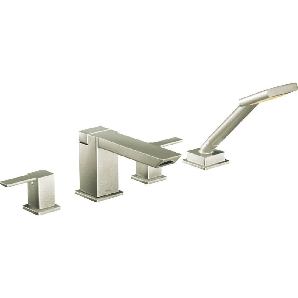 image:imageMoen TS904BN 90Degree TwoHandle Roman Tub Faucet Includes Hand Shower without Valve Brushed NickelBrushed Nickel