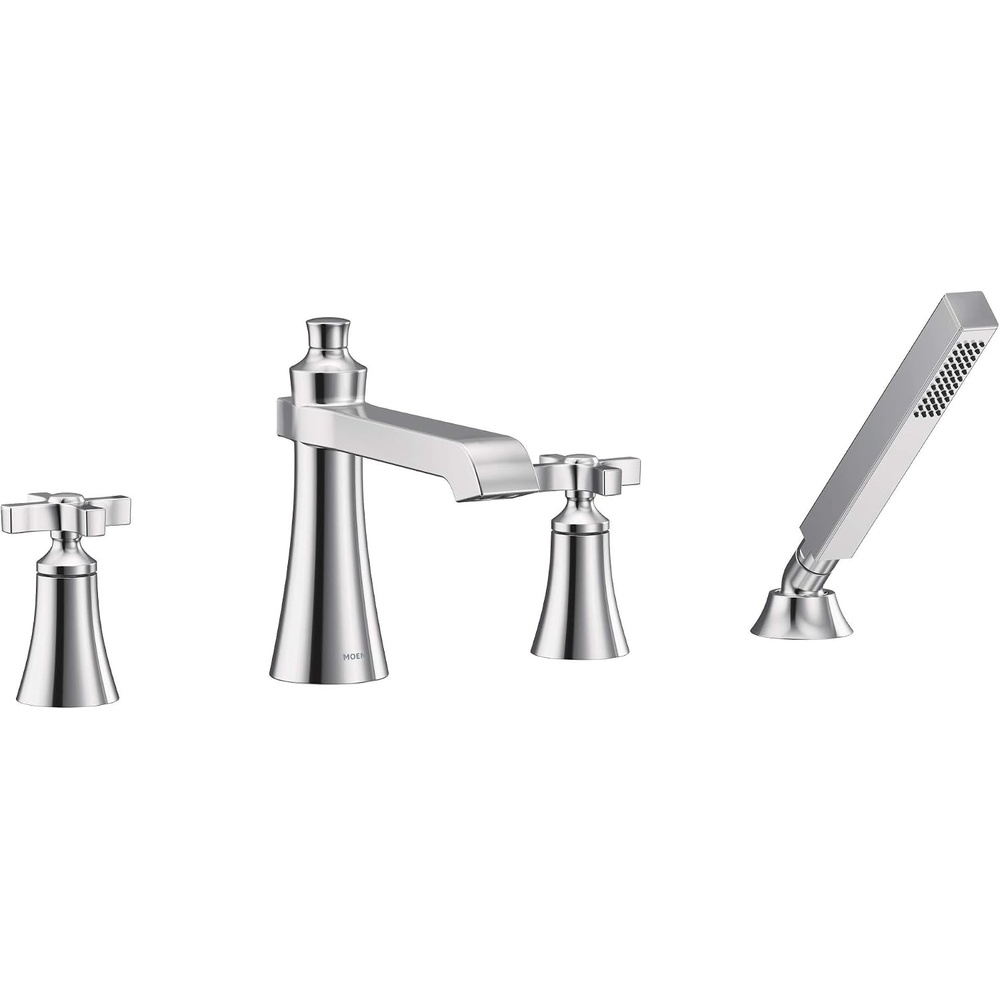 image:imageMoen TS929 Flara 2Handle Deck Mount Cross Handle Roman Tub Faucet Trim Kit Valve Required Including Single Function Handshower Chrome