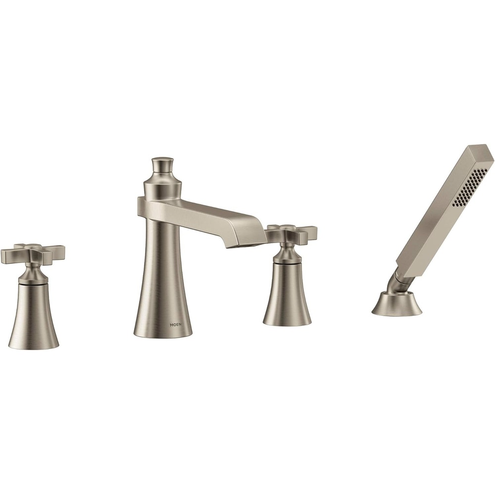image:imageMoen TS929BN Flara 2Handle Deck Mount Cross Handle Roman Tub Faucet Trim Kit Valve Required Including Single Function Handshower Brushed NickelBrushed Nickel